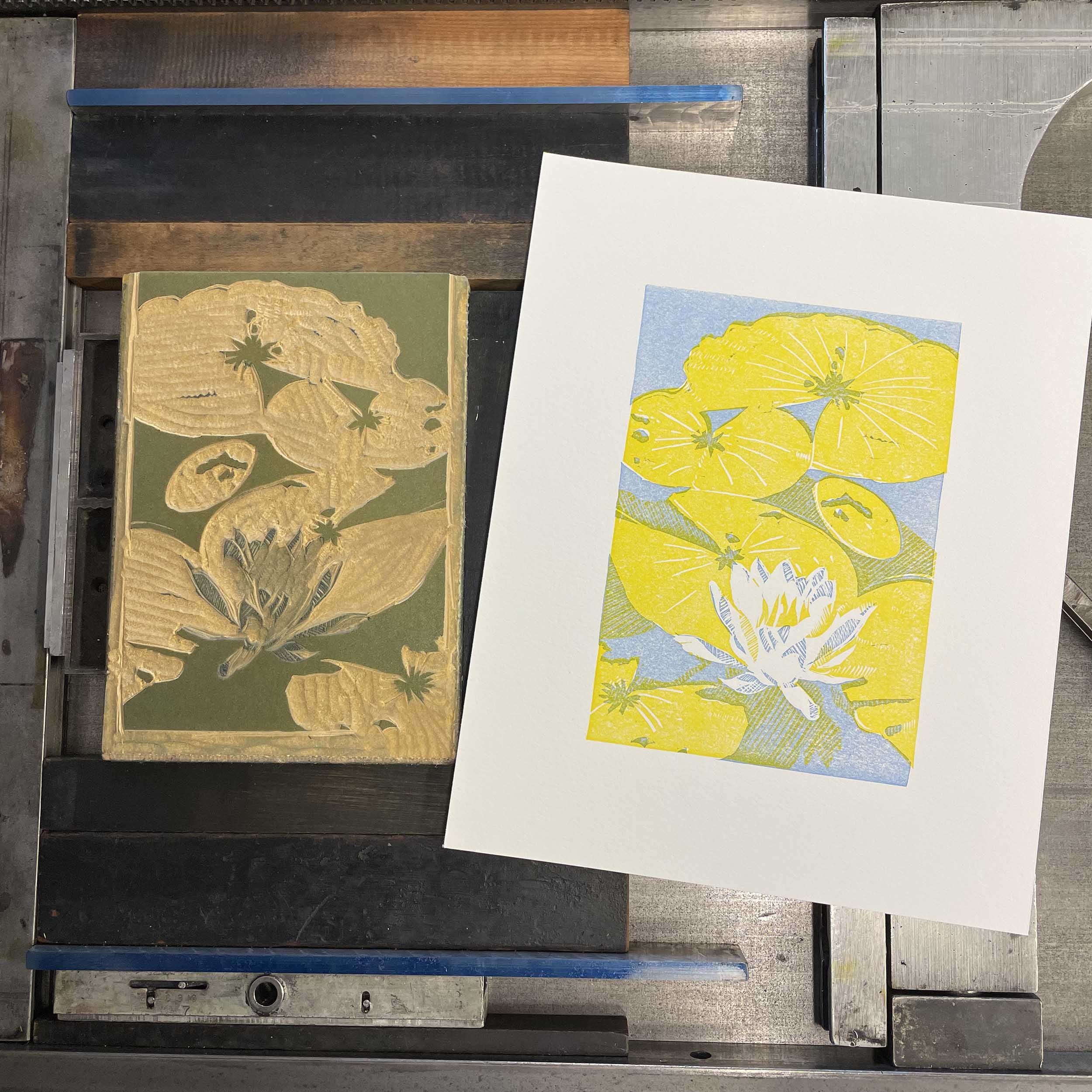 Mirror Lake Lily Linocut block 2 on press
