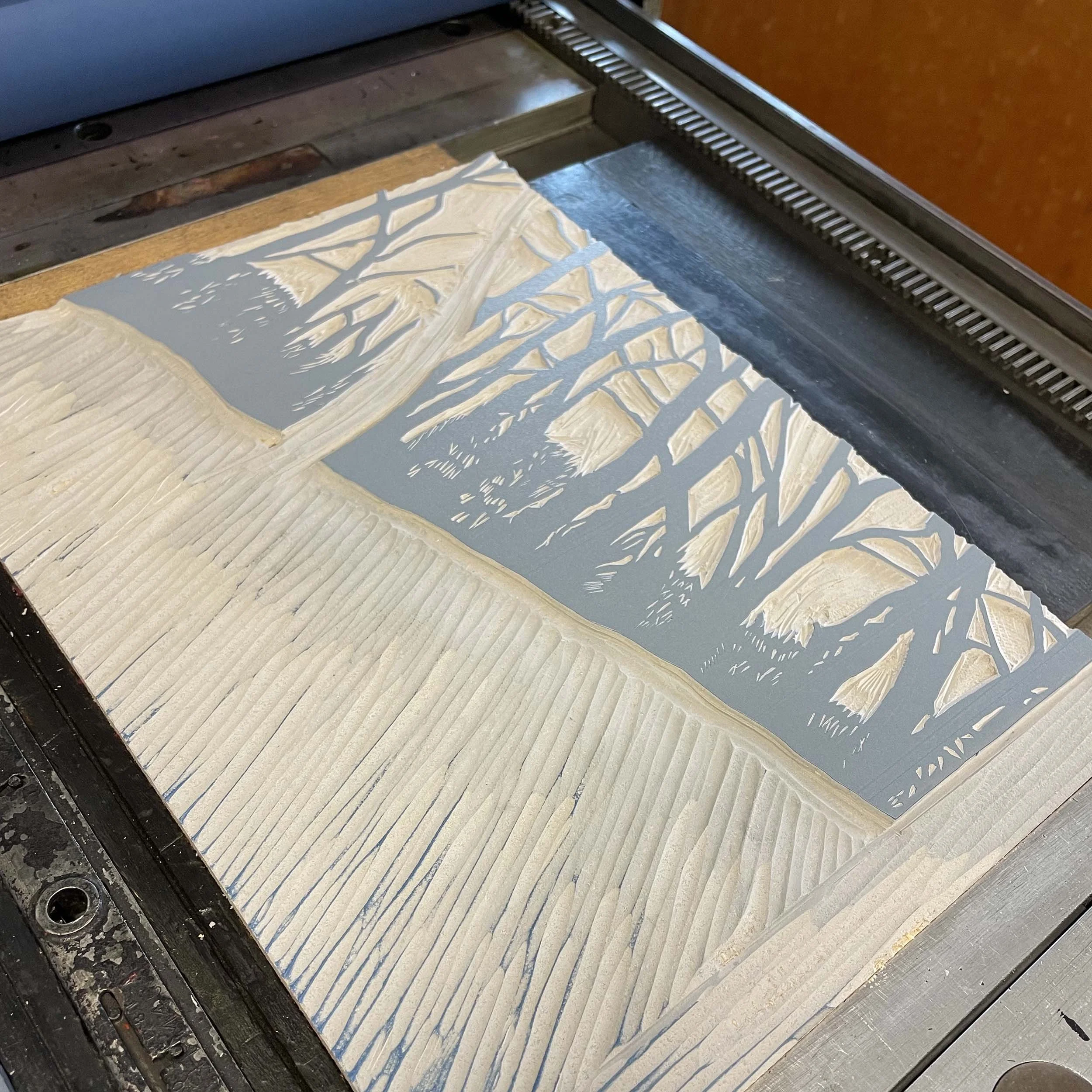 A light gray linoleum block has been carved to reveal a woods scene. The block is locked in the bed of a printing press and is inked in a blue-gray ink.