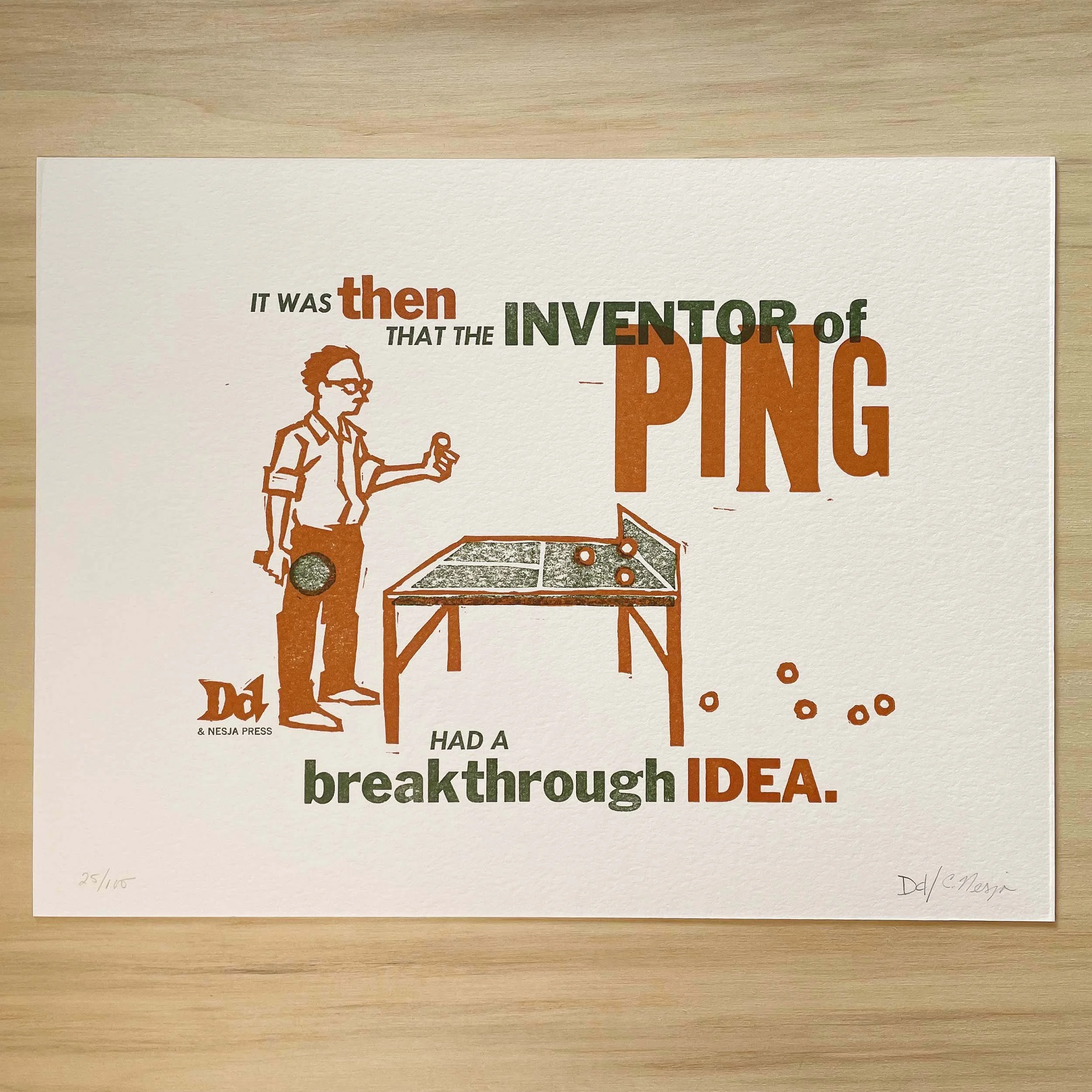 A man stands with a paddle at half a ping pong table that ends at the net, balls scattered beyond. Caption: “It was then that the inventor of PING had a brilliant idea."