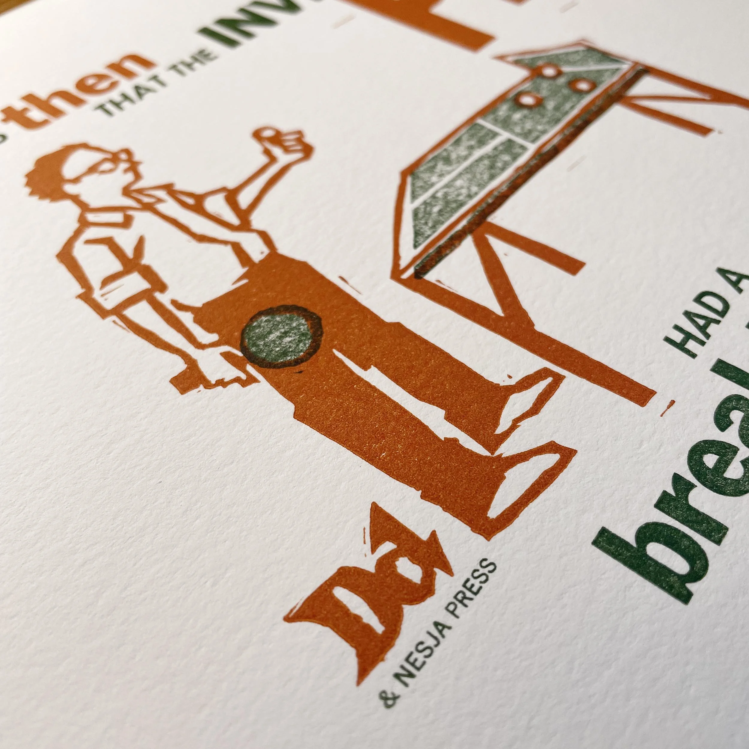Close up of art print. A man stands with a paddle at half a ping pong table that ends at the net, balls scattered beyond. Words in various fonts surround him, but are not fully readable.