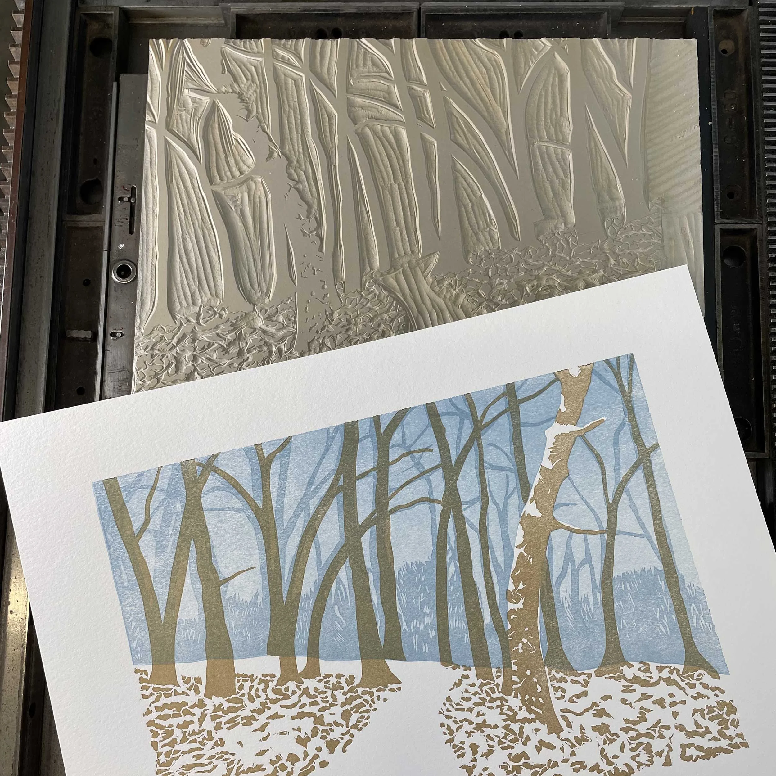 A sheet of white paper is printed with a blue sky and shadowy woodland background. A light brown ink layer reveals more detailed trees, leaves and a snow-dusted trail leading into the woods.