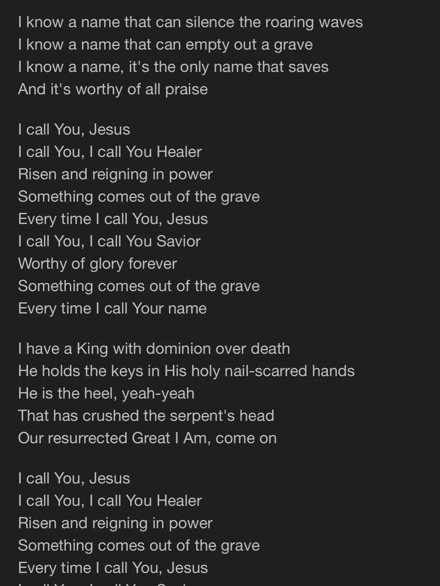 My song for the day. My back is getting better. I can&rsquo;t walk yet but I can stand and start doing basic things again with minimal to no pain. 

Thank you Jesus. 

I know a Name by Brandon Lake and Elevation Worship