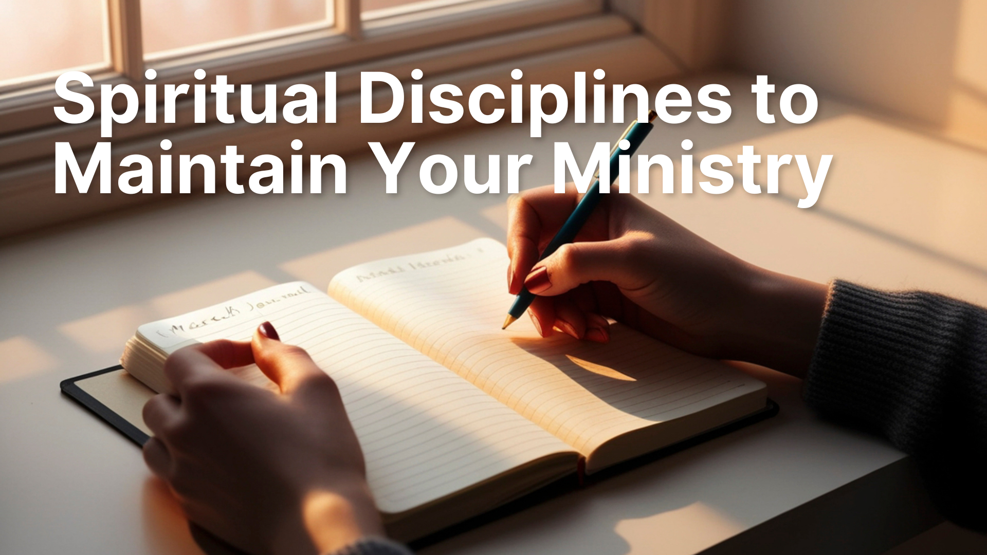 A close-up, warm-toned photo of a person's hands writing in a journal on a desk next to a window. Soft sunlight is streaming in. Bold, white text at the top reads: "Spiritual Disciplines to Maintain Your Ministry."