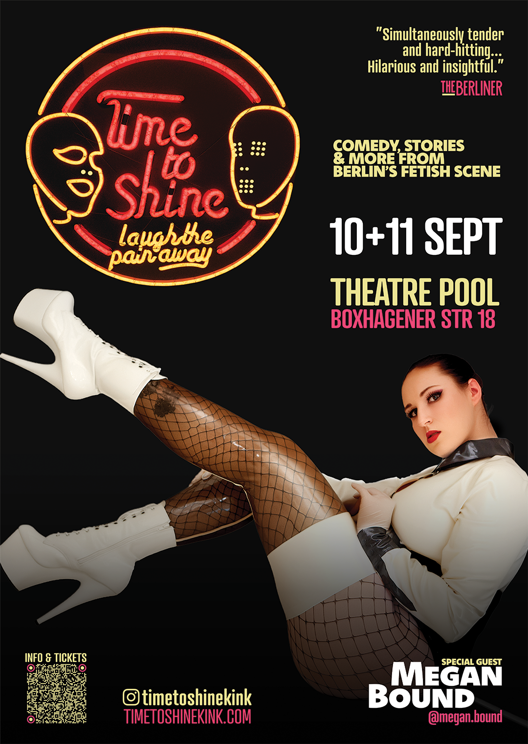Promotional poster for a comedy event at the theatre pool on September 10-11, featuring special guest Megan Bound. The poster has neon signs with the event name 'Time to Shine' and a woman in fishnet stockings and white high heels lying on her side.
