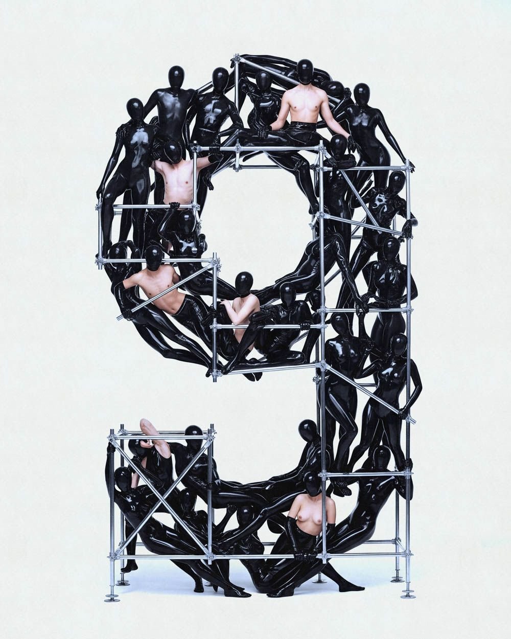 Art installation with numerous black mannequins arranged around a metal scaffolding structure, some with human torsos and limbs, creating a sculptural composition.