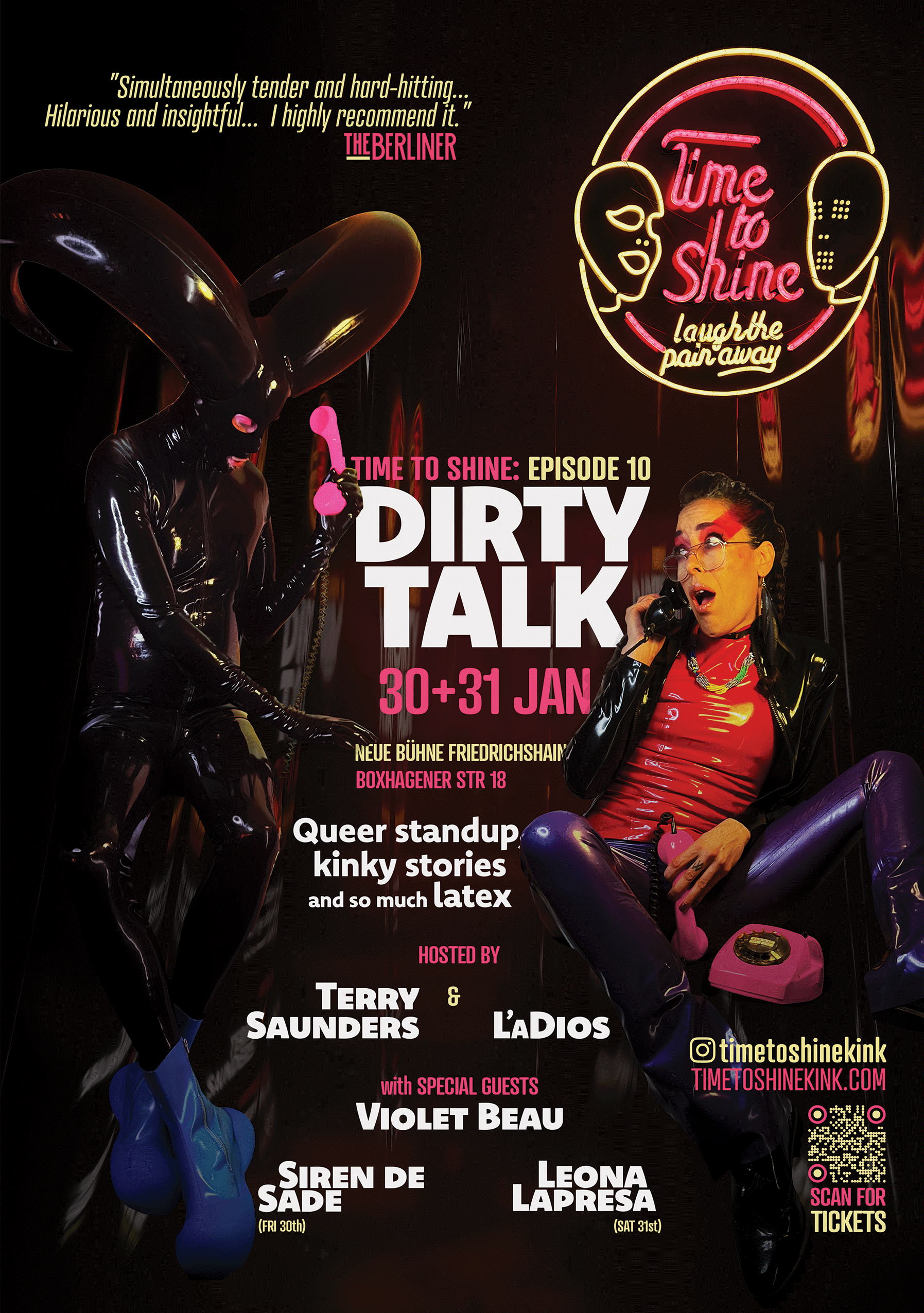 Nighttime event poster with neon sign reading 'Time to Shine, laugh the pain away' and advertising a queer standup comedy show called 'Dirty Talk' on January 30th and 31st, hosted by Terry Saunders and L'Adios, with special guest Violet Beau. Features two women in latex outfits and a neon pink telephone.