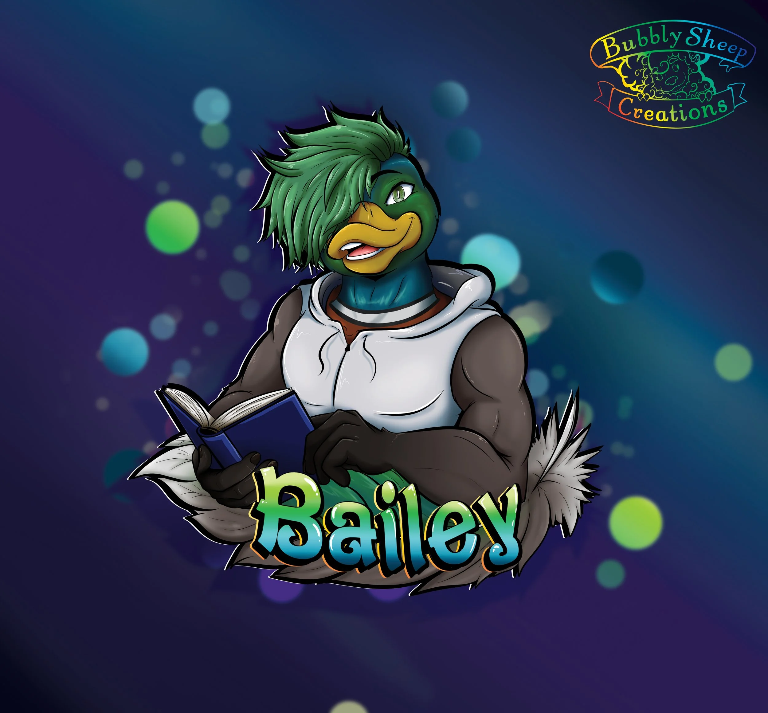 Anthropomorphic duck character with green hair reading a book, wearing a hoodie and armor, with the name Bailey displayed below, set against a colorful bokeh background and Bubbly Sheep Creations logo in the top right corner.