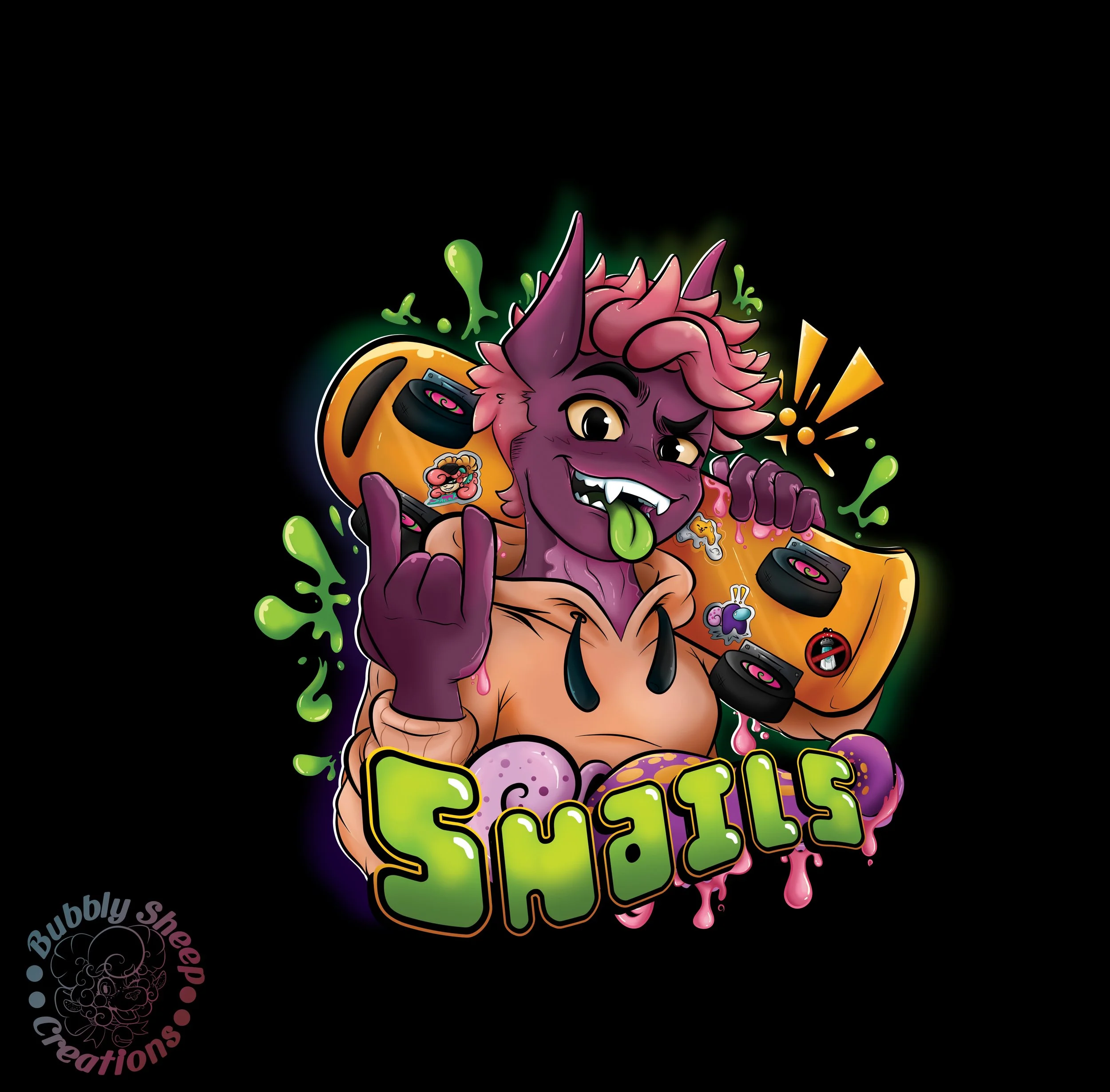 A colorful cartoon illustration of a purple anthropomorphic creature with pink hair, smiling and sticking out its tongue, holding a skateboard, and making a rock and roll hand gesture, with the word 'SNAILS' in bold green and purple letters at the bo