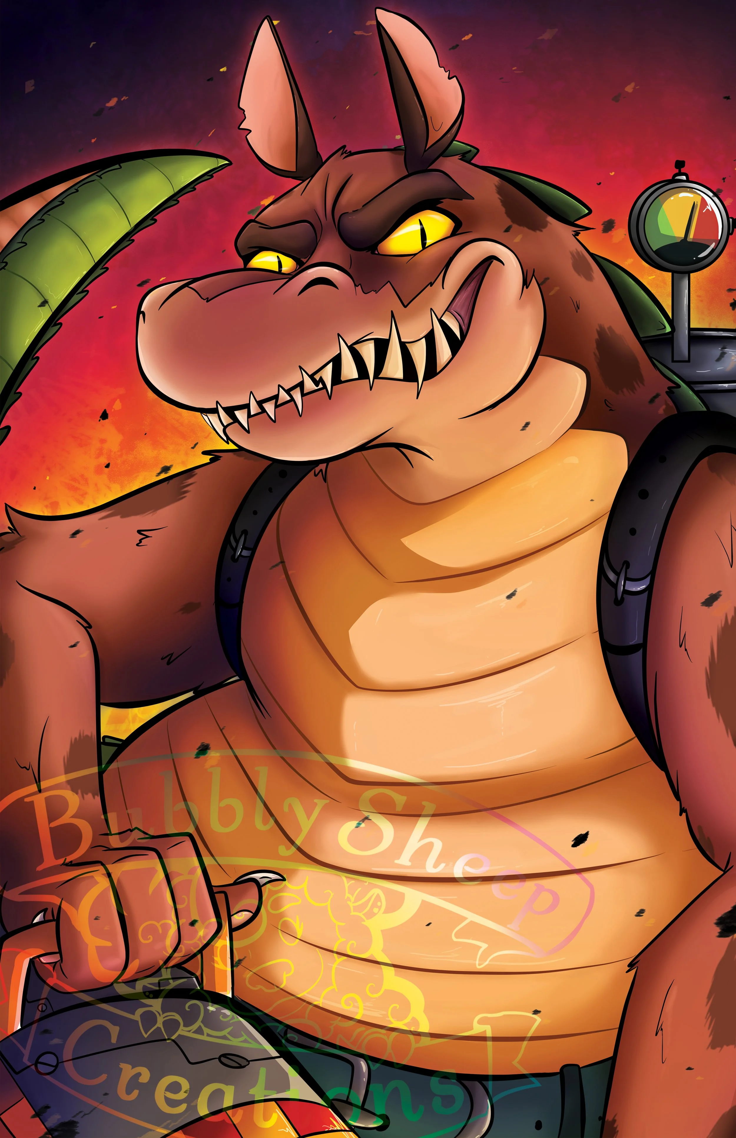 A muscular anthropomorphic dragon or lizard character with yellow eyes and sharp teeth, wearing a harness, holding a chain, and standing against a sunset background with a temperature gauge.