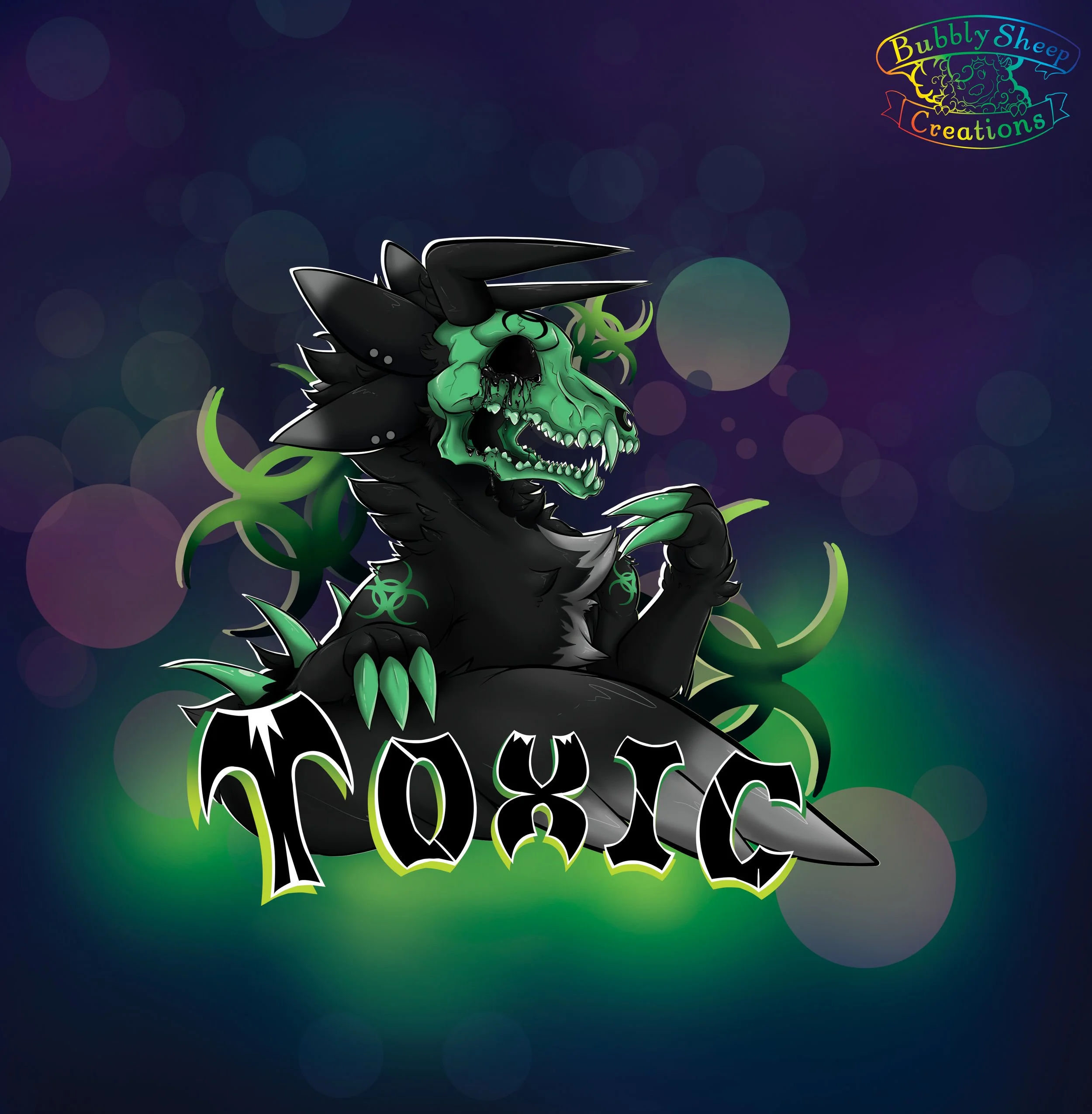 A black creature with a dragon-like body and a wolf head with green skull-like features, sharp claws, and green biohazard symbols on its body, with the word "TOXIC" in stylized black and green letters at the bottom. The background is dark with green 