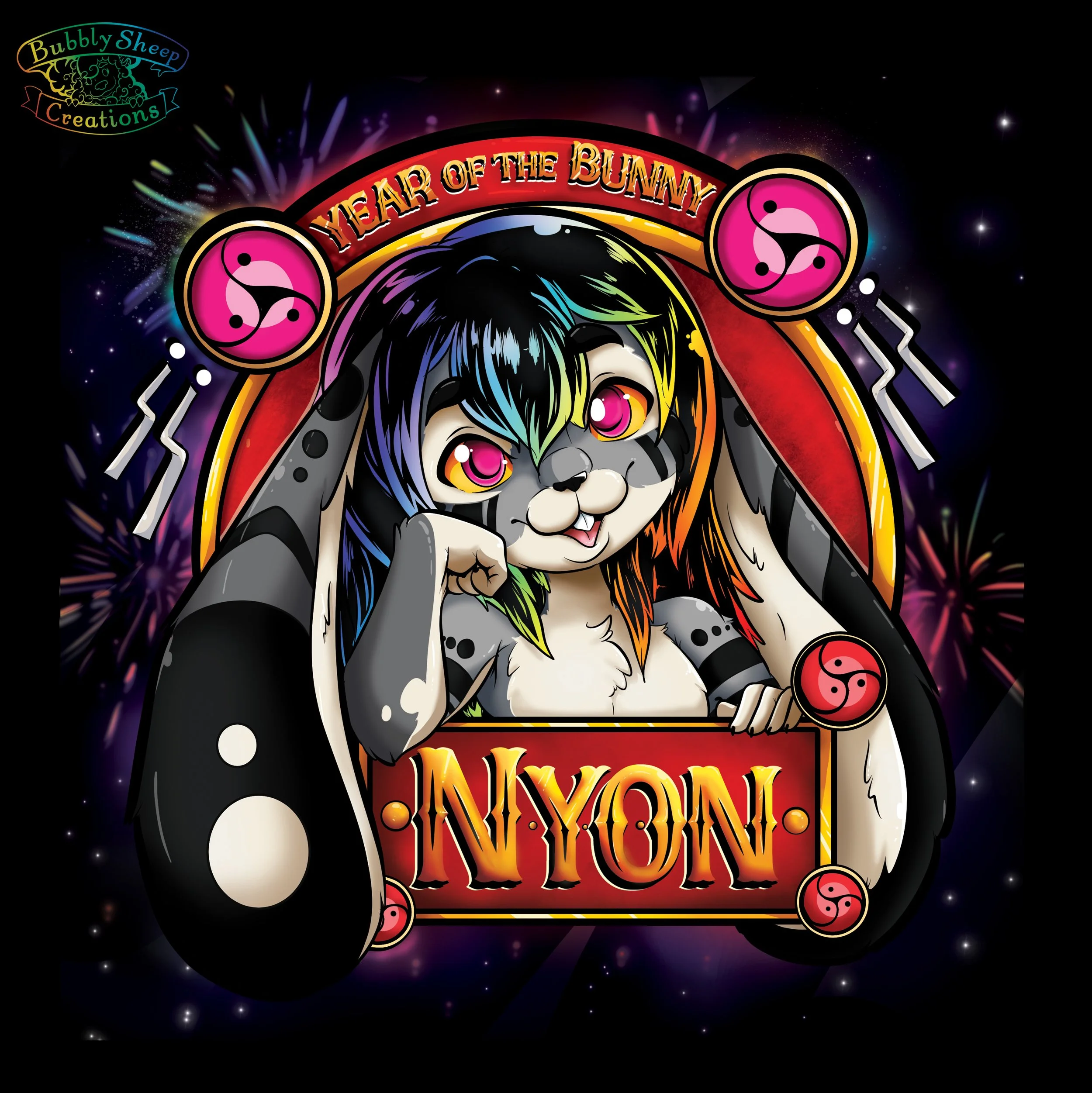 A colorful cartoon of a black and white anthropomorphic zebra with bright pink and yellow eyes and rainbow-colored hair, posing with one hand on its head and holding a sign that reads 'NYON'. The background features fireworks and the phrase 'Year of 