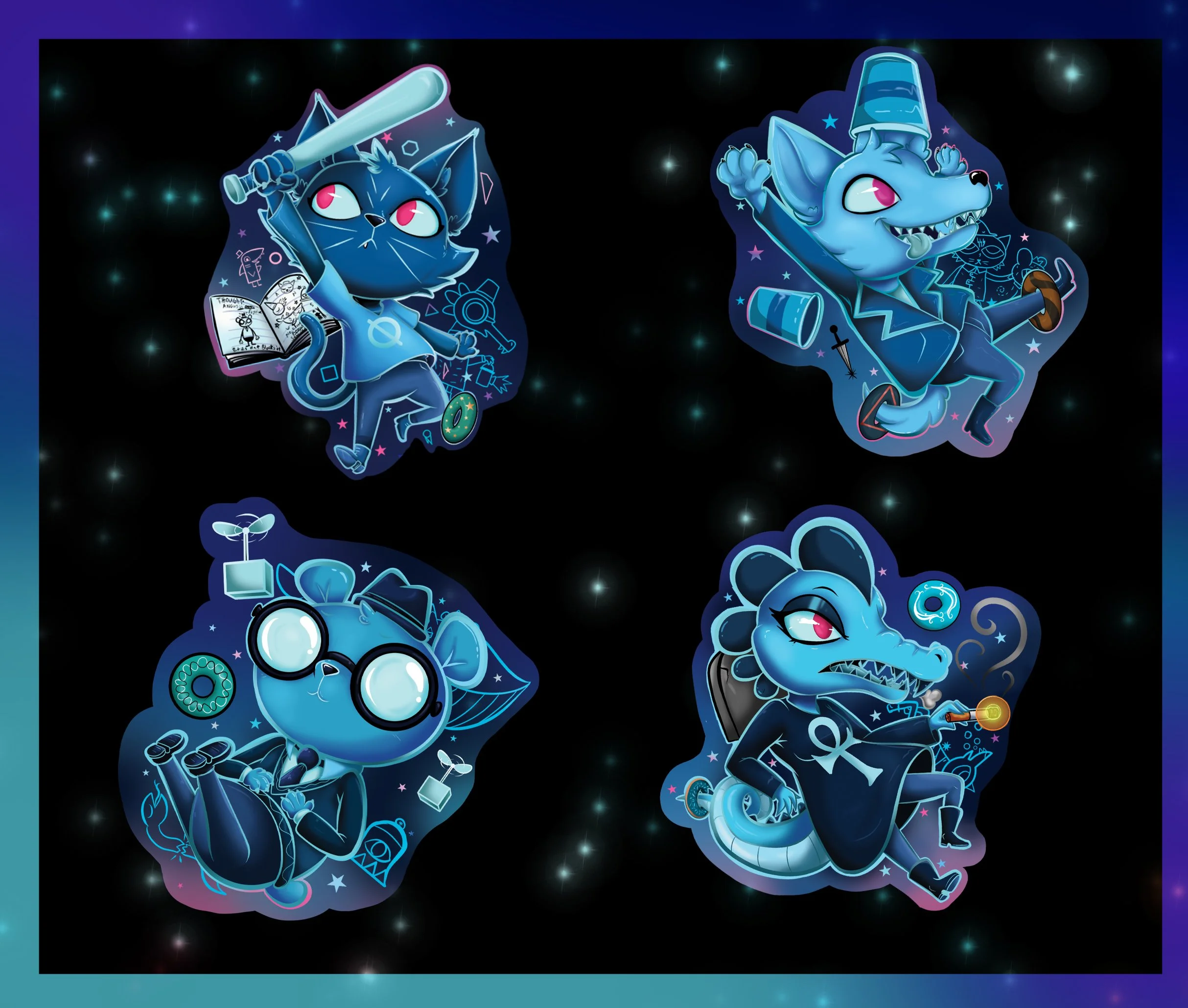 Four cartoon-style blue animal characters with pink eyes, each with a different theme, floating against a starry space background.