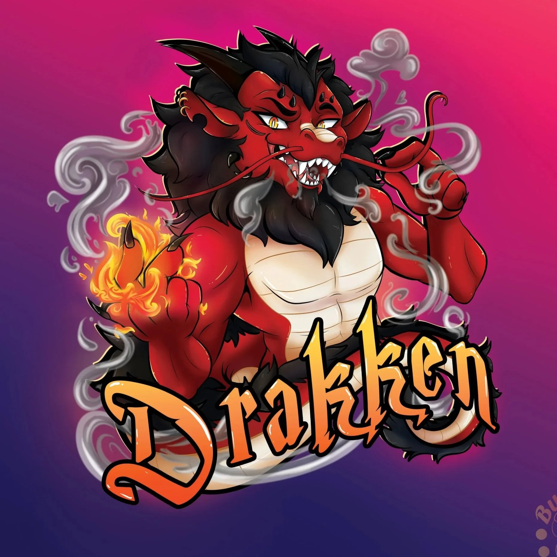 Cartoon depiction of a demon-like creature with red skin, black hair, sharp teeth, and horns, surrounded by smoke and flames, with the word 'Draken' written in stylized font.