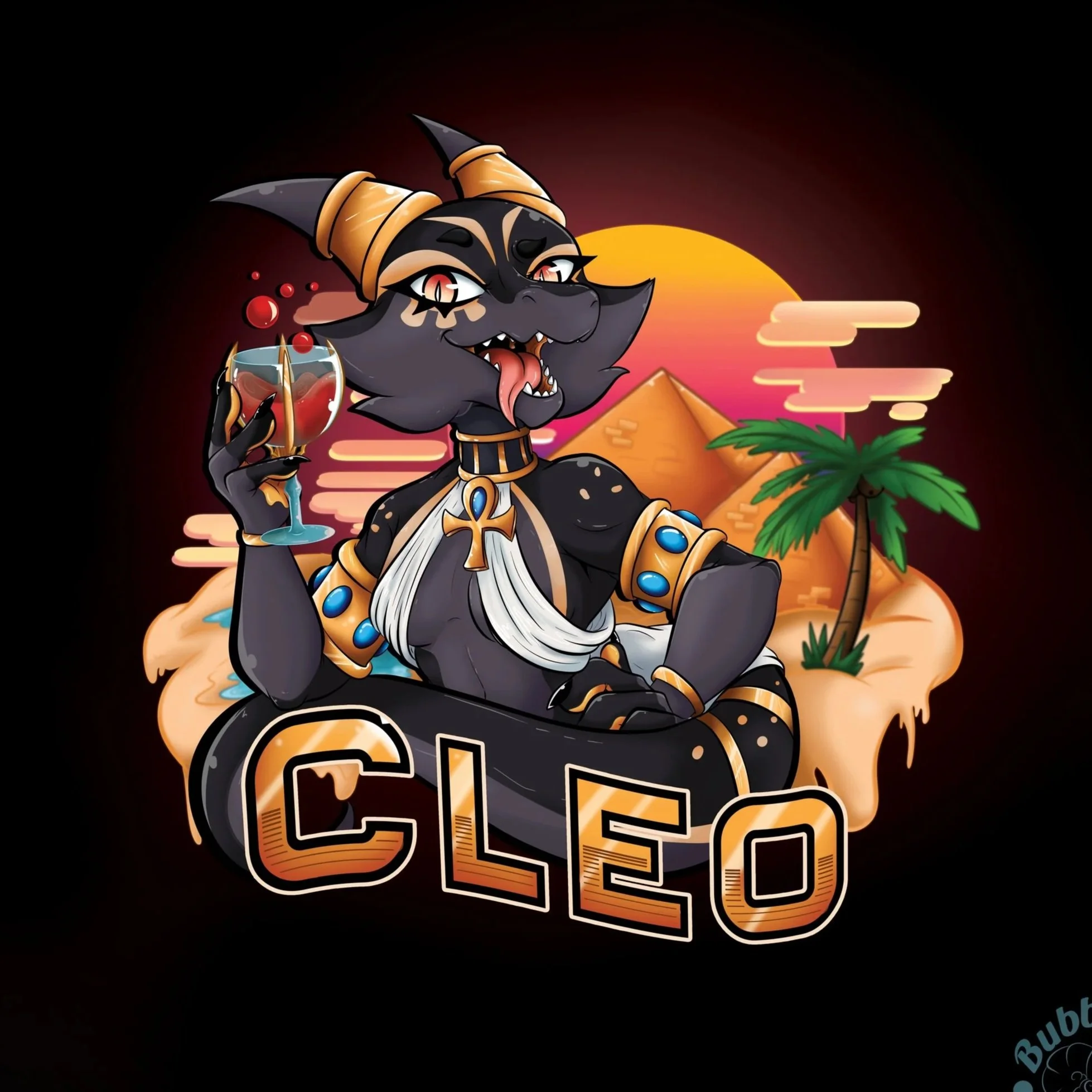 A cartoon depiction of a black anthropomorphic cat with Egyptian accessories, holding a glass of red wine. The background features pyramids, a palm tree, and a sunset, with the word 'CLEO' at the bottom.