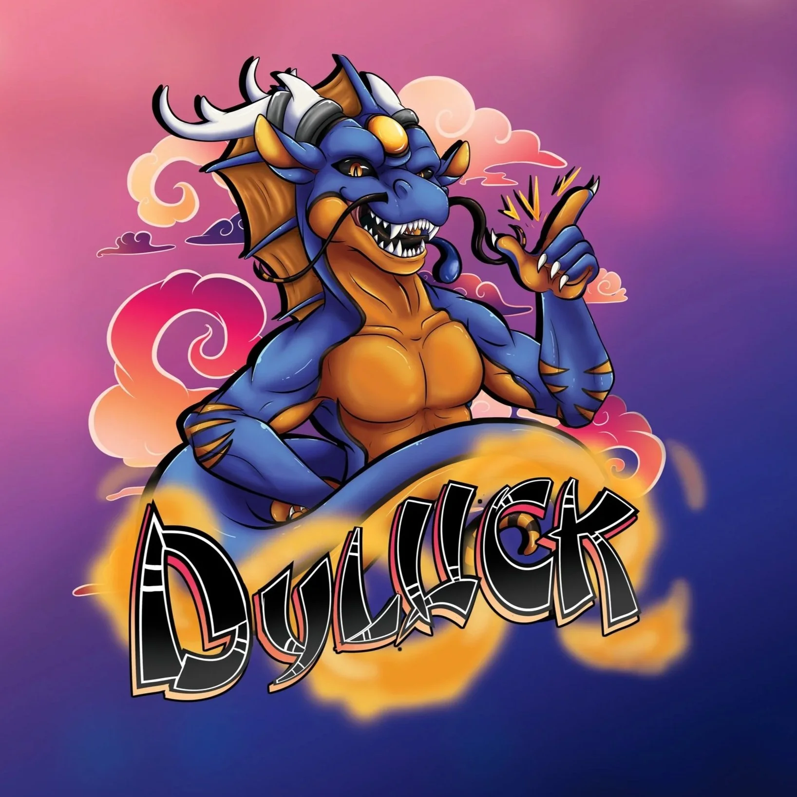 A colorful cartoon dragon with blue and orange scales, horns, and sharp teeth, pointing with one claw and standing behind a stylized sign that reads 'DULLICK' in graffiti-style letters, set against a vibrant pink and purple cloudy sky.