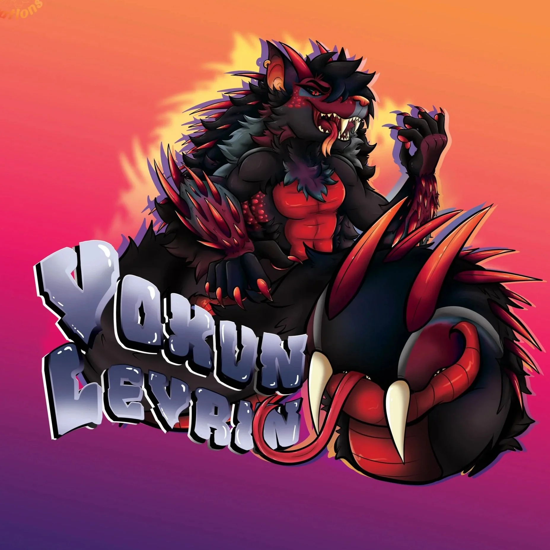 A cartoon-style illustration of a fierce lion-like creature with a dark mane and red accents, riding a menacing dragon with large sharp teeth and red spikes. The background features a gradient of pink, orange, and purple hues. The text "Yokun Levain"