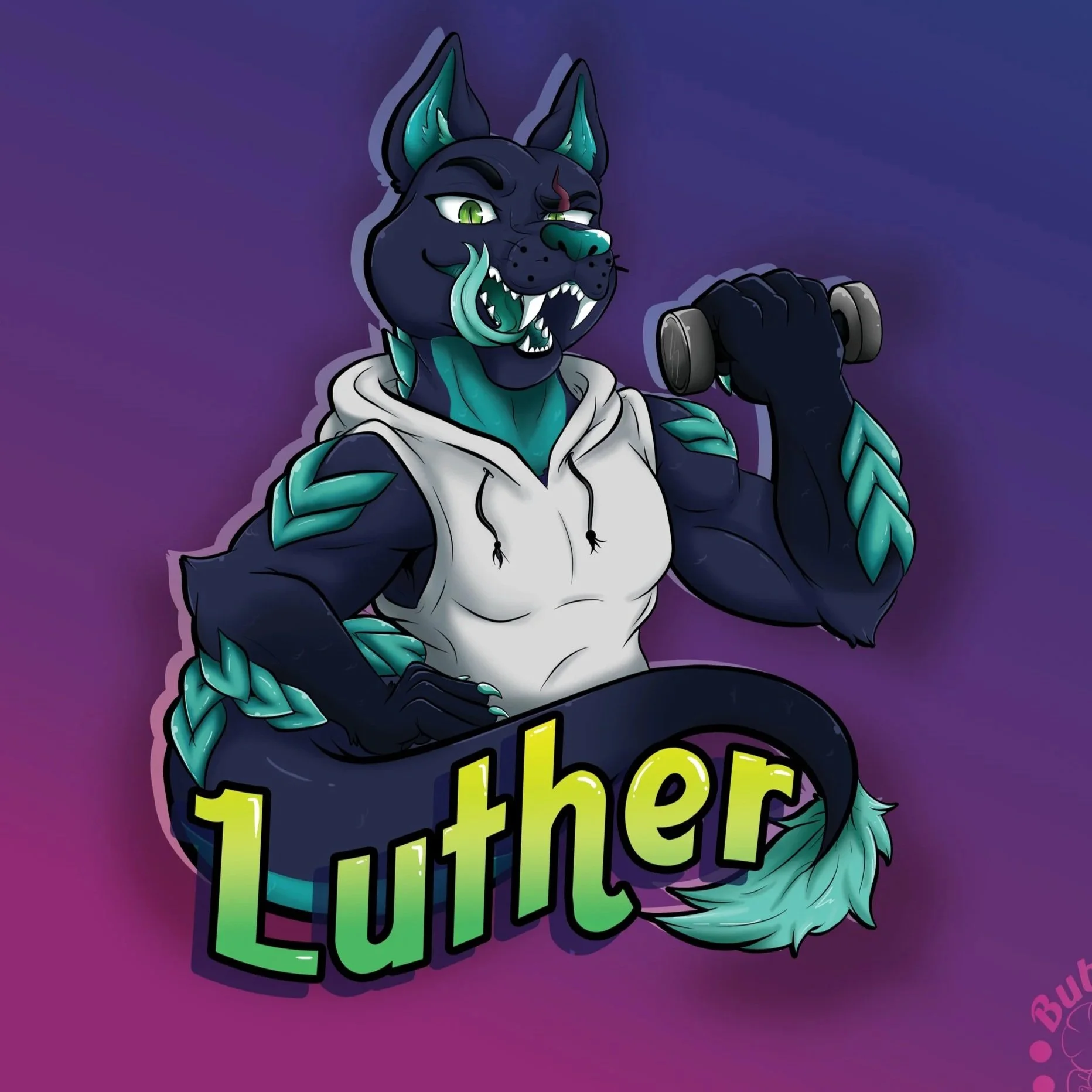 A cartoon anthropomorphic wolf character lifting a dumbbell, wearing a white sleeveless hoodie, with a muscular build, blue and green fur, and the name "Luther" in colorful letters below.