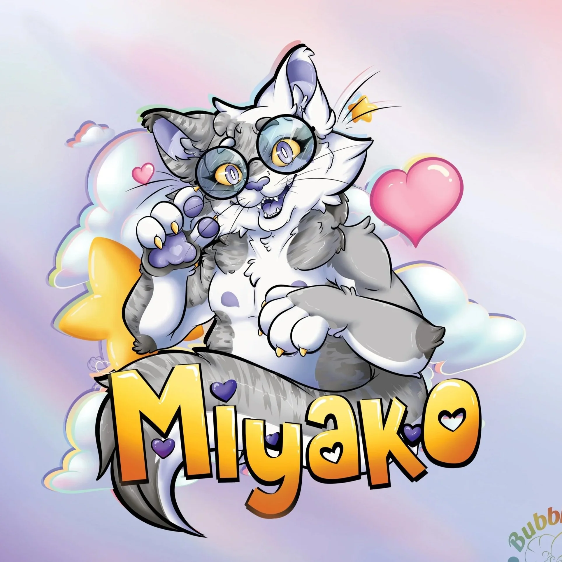 A cartoon illustration of a gray and white feline character with glasses, making a peace sign and smiling. The background is filled with colorful clouds, hearts, and stars. The name 'Miyako' is written in bold, yellow and orange letters at the bottom
