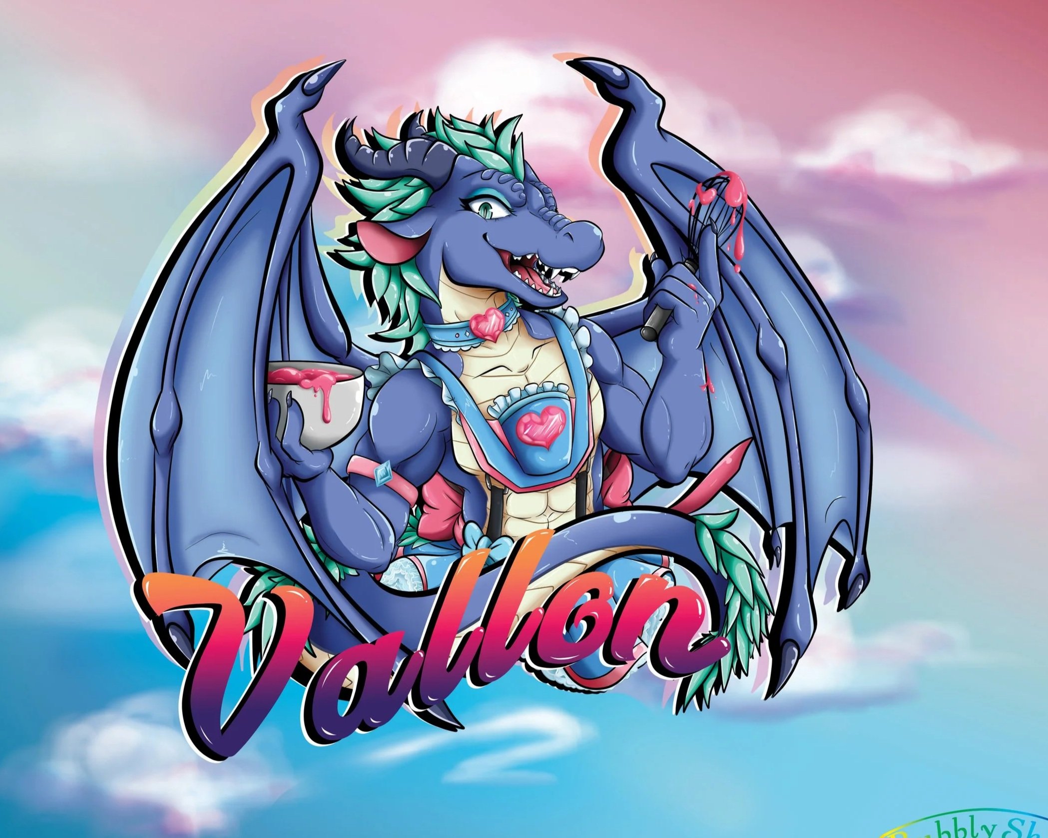 A colorful illustration of a blue dragon with green and black accents, wearing a pink and blue outfit with hearts, sitting on clouds with a sunset sky background. The dragon is holding a bowl with pink liquid and a spoon, and the word 'Valon' is writ
