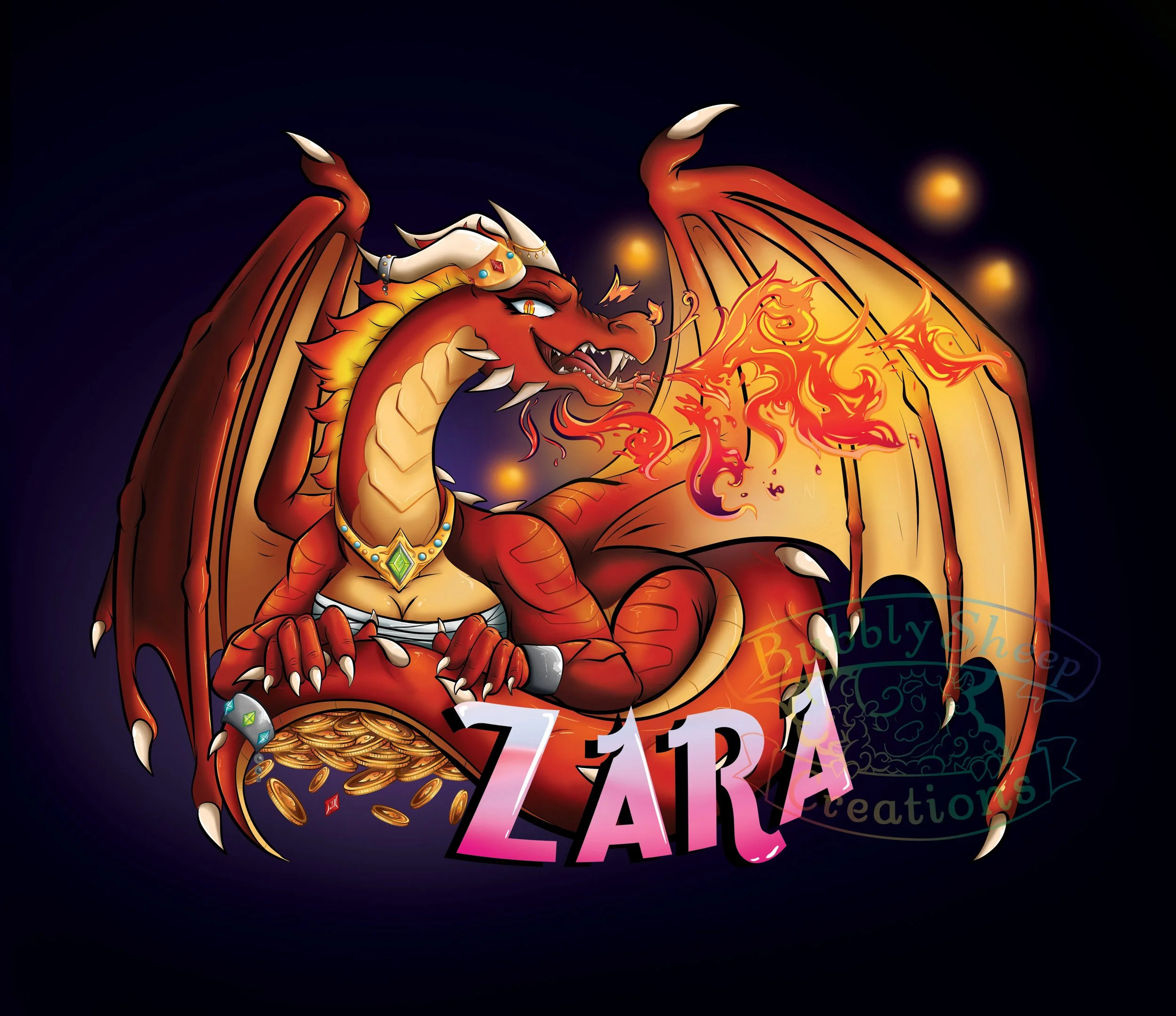 Illustration of a red and orange dragon with gold accents, wearing jewelry, breathing fire, and sitting on a pile of gold coins with the name 'Zara' beneath it.
