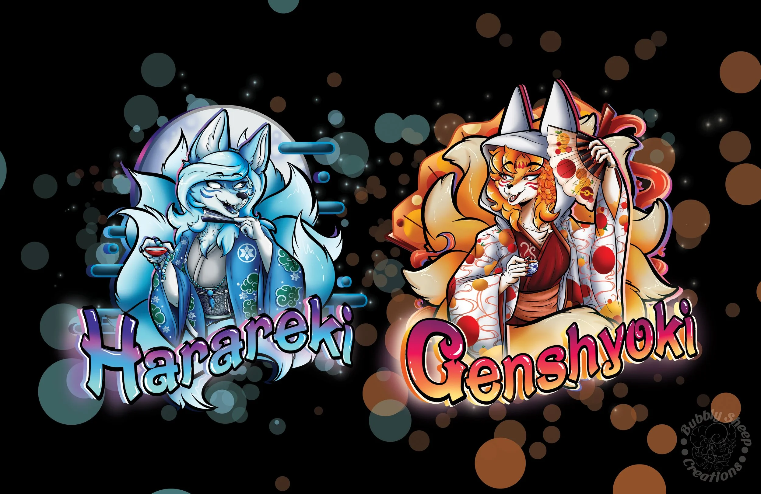 Digital artwork featuring two anthropomorphic fox characters, one blue and one orange. The blue fox is wearing traditional Japanese robes, playing a flute, with the text 'Hararei' below. The orange fox is dressed in a kimono with a fan, holding a cup