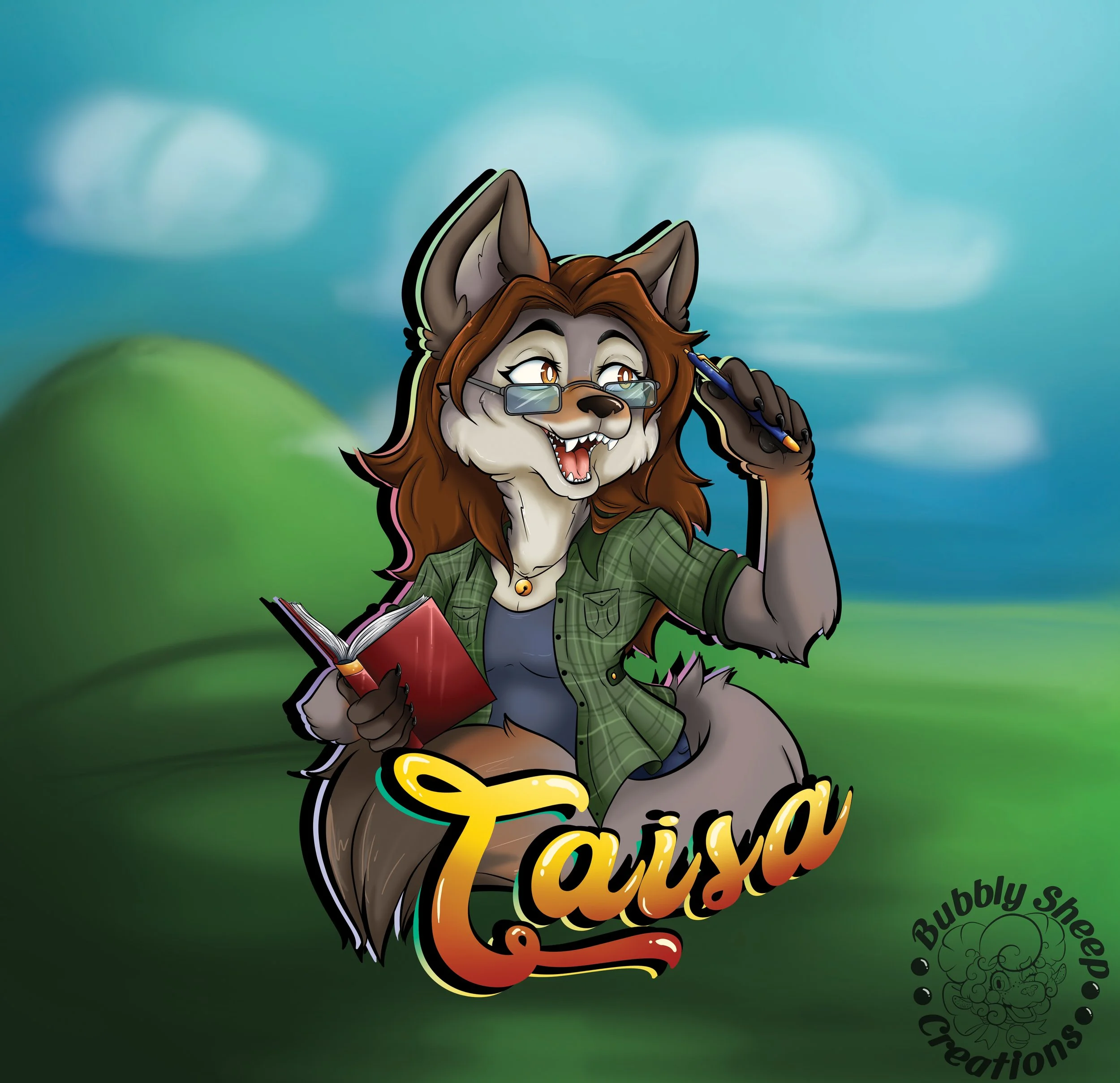 Illustration of an anthropomorphic wolf character dressed as a tourist, holding a book and a pen, with the word 'Taixa' in stylized lettering and 'Bubbly Sheep Creations' logo in the bottom right corner, standing outdoors against a blurred background