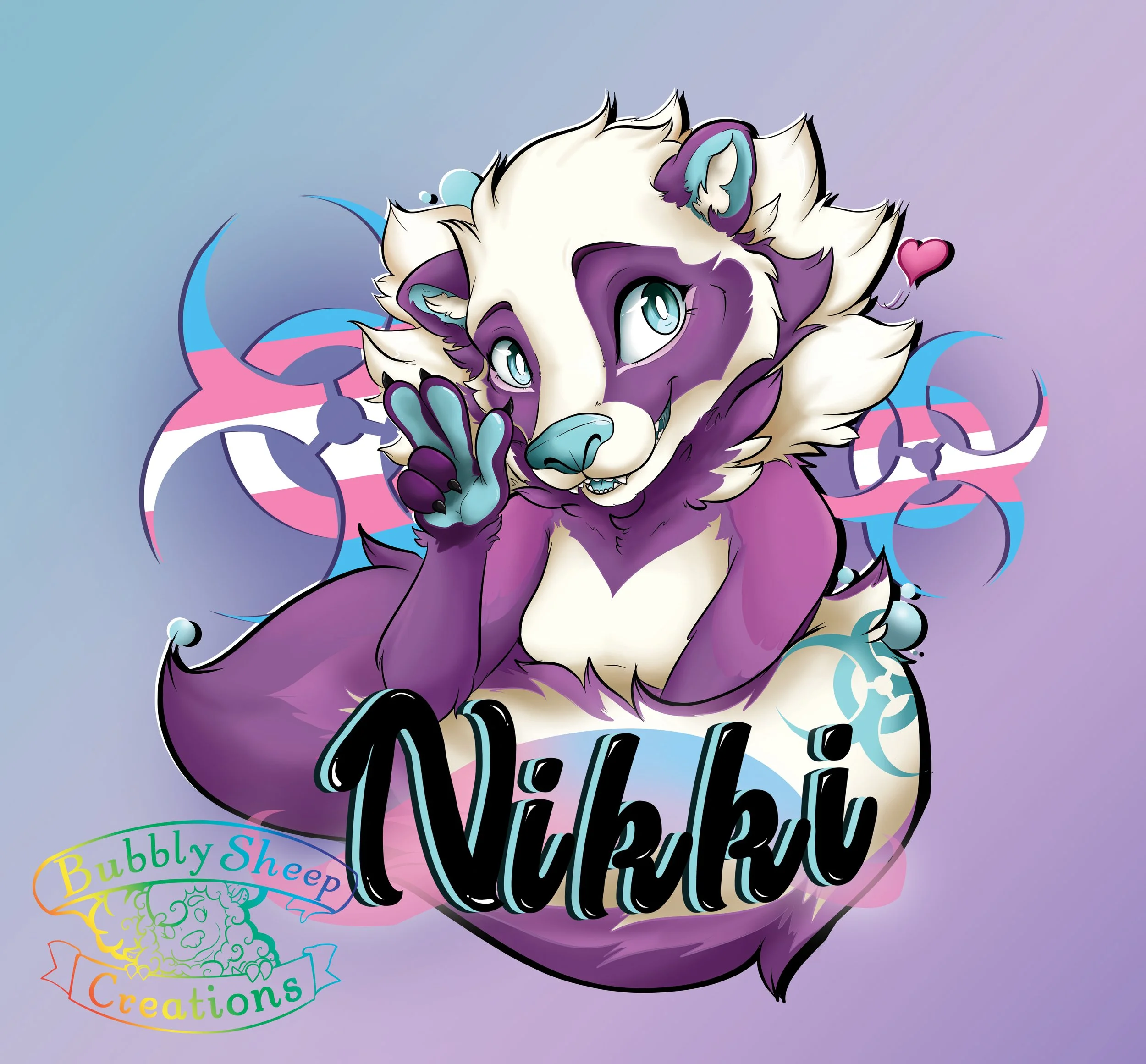 A colorful cartoon wolf character with purple and white fur, making a peace sign and smiling. The background features biohazard symbols in pink, purple, and blue. The name 'Nikku' is written in large black text at the bottom, and a rainbow-colored lo