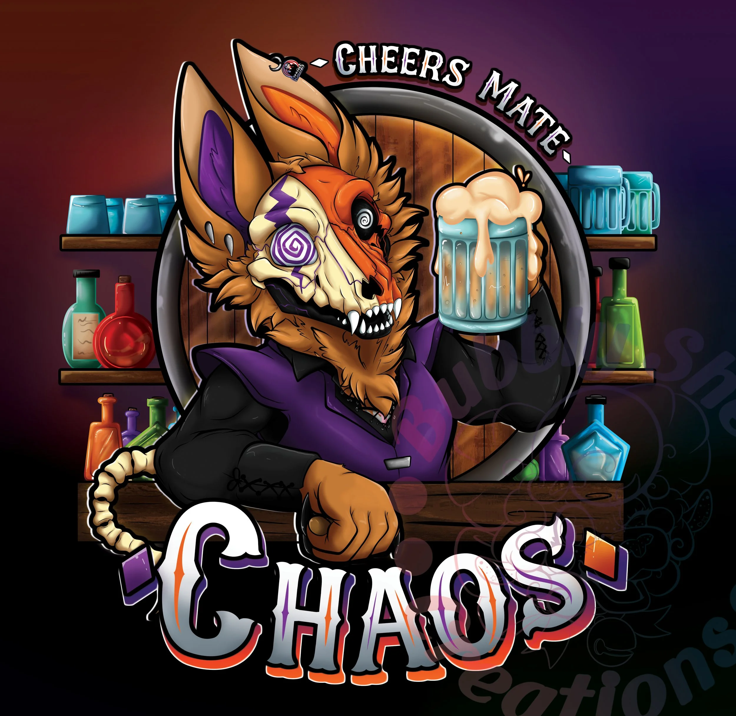 A colorful cartoon-style illustration of a humanoid fox character with a wolf skull face mask, holding a mug of beer, standing behind a bar with shelves of colorful bottles and glasses in the background. The words "Cheers Mate" and "Chaos" are displa