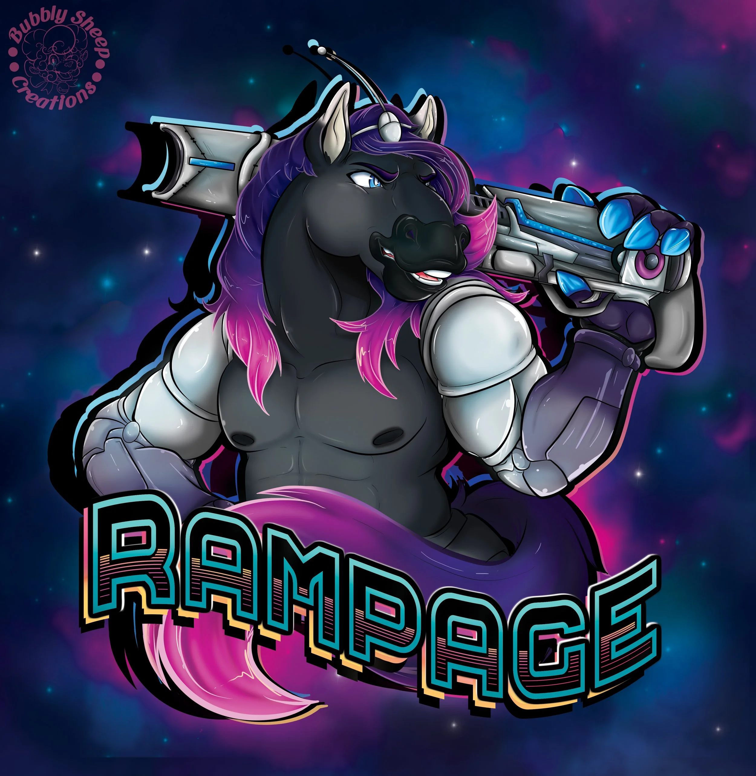 An anthropomorphic black unicorn with purple mane and tail, wearing armored gloves, holding a futuristic rifle, set against a cosmic background with the word 'RAMPAGE' in stylized neon text.