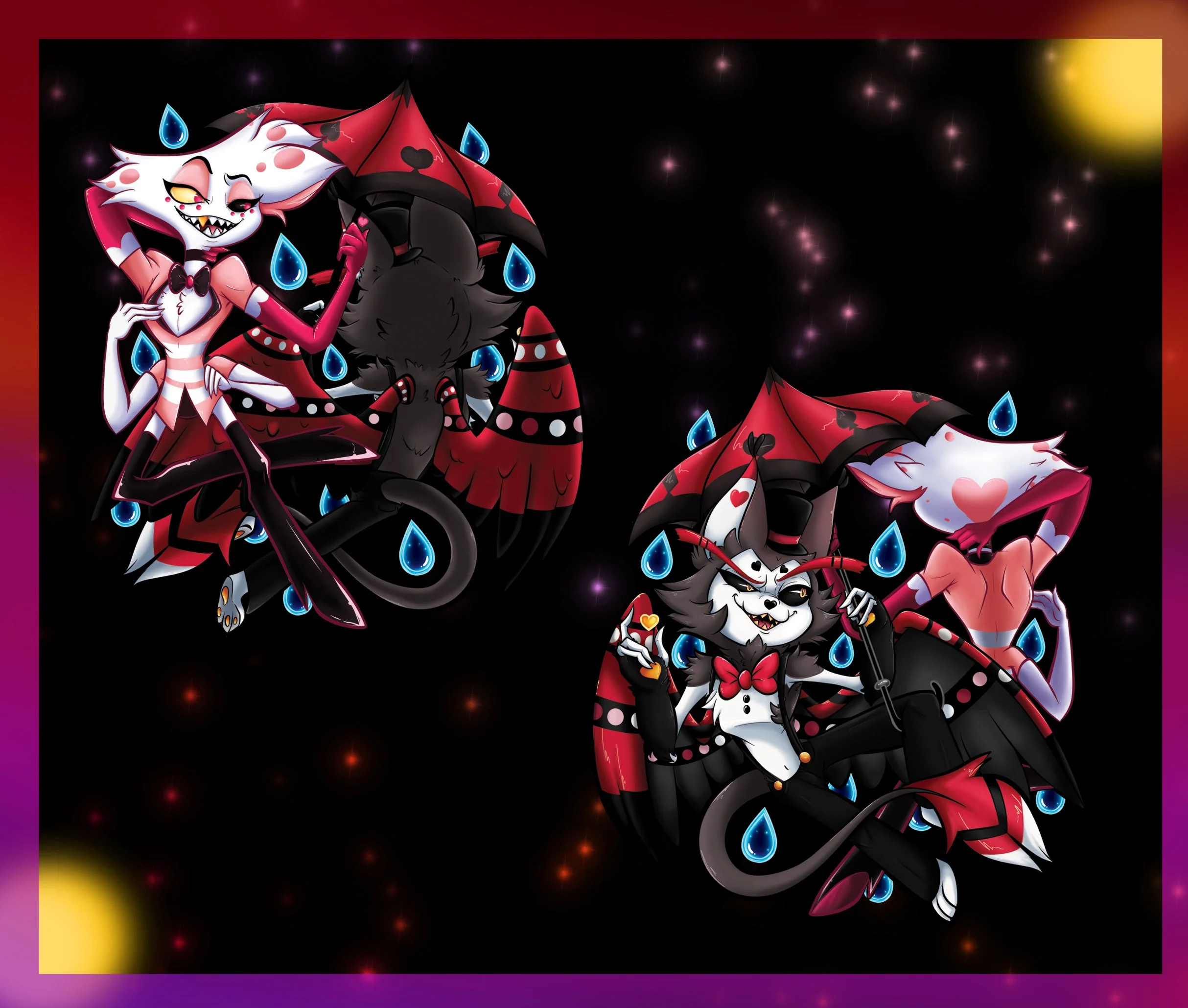 Two animated cat characters wearing stylish and playful outfits with umbrellas, floating in space with stars and colorful border effects.