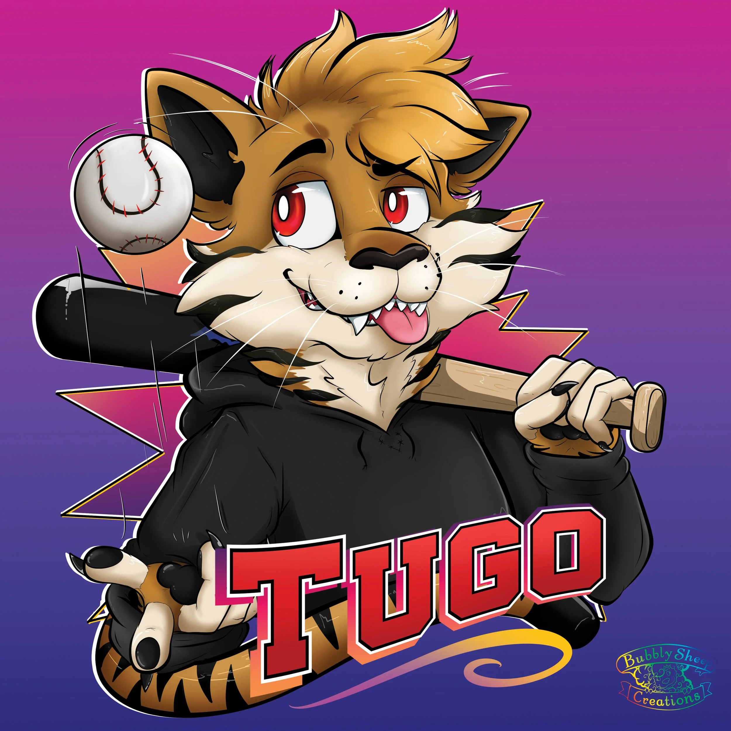 A cartoon tiger character with red eyes, wearing a black hoodie, holding a baseball bat over its shoulder, and a baseball flying near its head. The tiger is making a playful face with its tongue out and sharp teeth showing, set against a purple and p