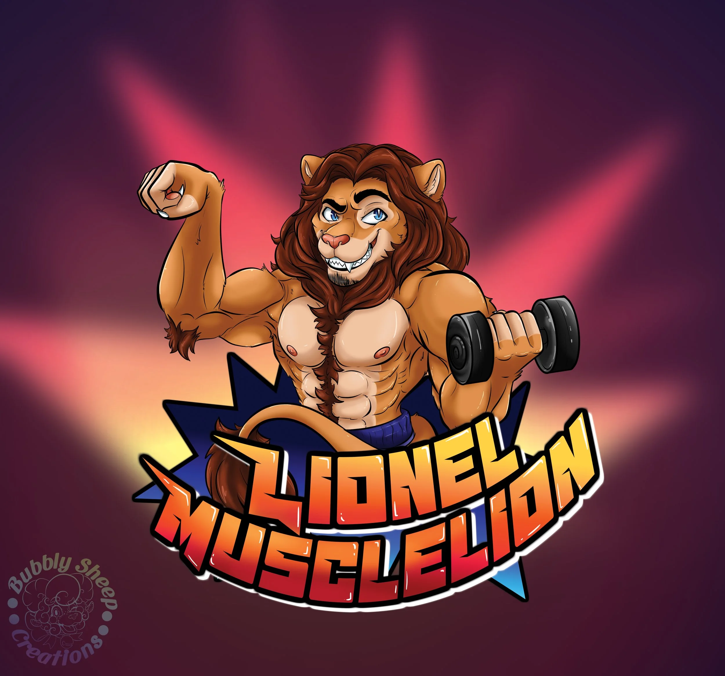 Animated muscular lion character with blue eyes, brown mane, and anthropomorphic features, flexing arm and holding a dumbbell, with 'Lionel Mescledon' text below, glowing stage lights in background.