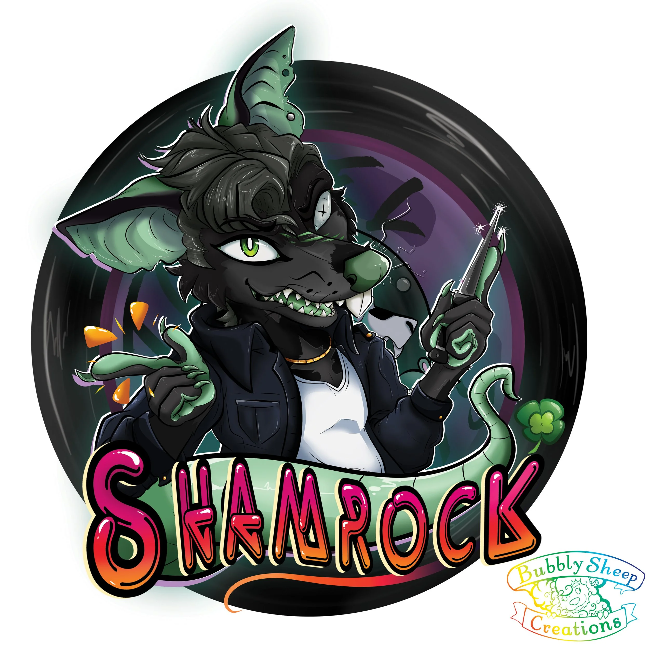 An anthropomorphic wolf character with green eyes, black fur, and a green nose, wearing a black jacket over a white shirt, holding a tattoo needle, with a confident expression, behind a colorful logo that reads 'SHAMROCK', with a small rainbow-colore