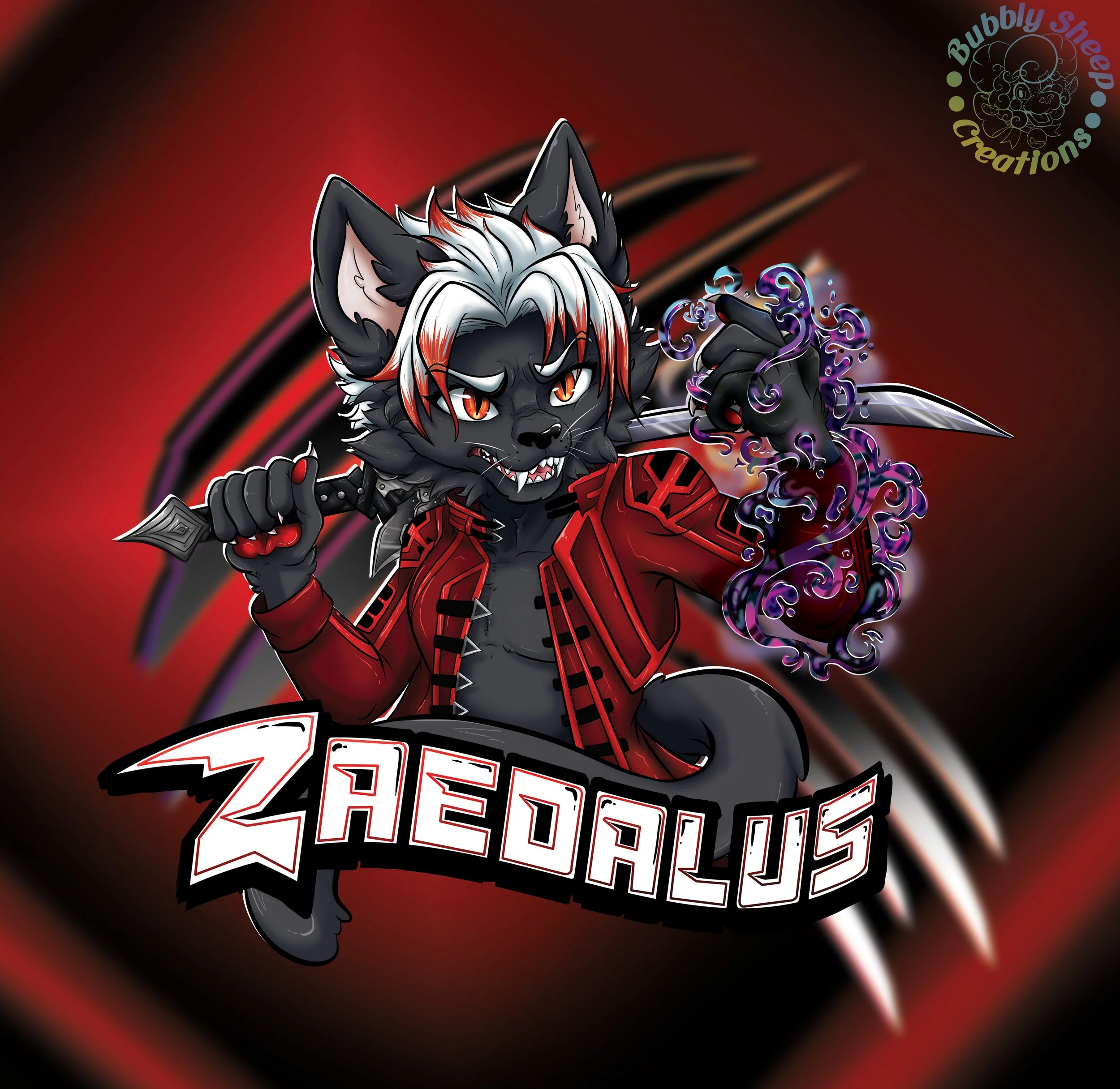 An illustrated anthro wolf character with white and red hair, orange eyes, wearing a red jacket and wielding a dagger, with purple magical smoke emanating from his hand, and the name 'ZHEOALUS' styled in bold letters below.