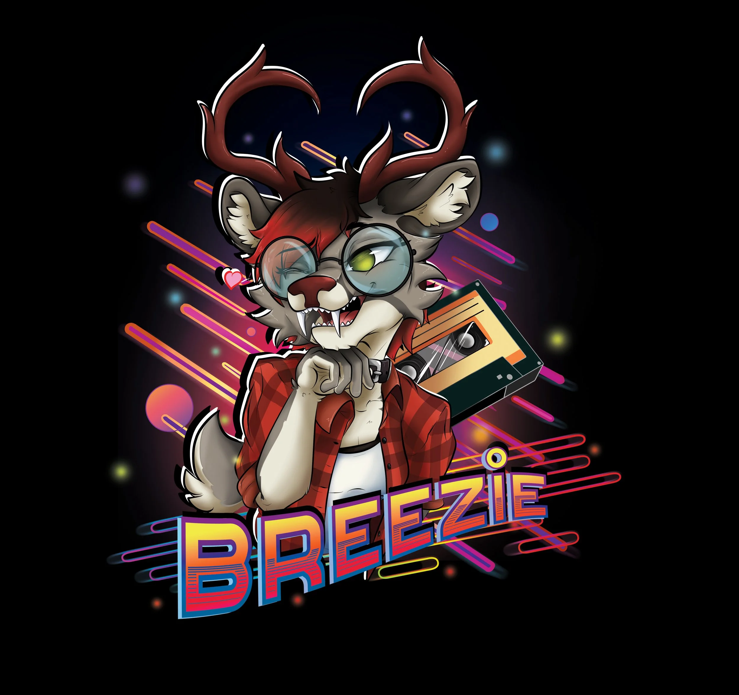 A cartoon wolf character with antlers, glasses, and fangs, wearing a red plaid shirt and holding its chin, with colorful neon style lines, a VHS tape, and the text 'BREEZIE' at the bottom.
