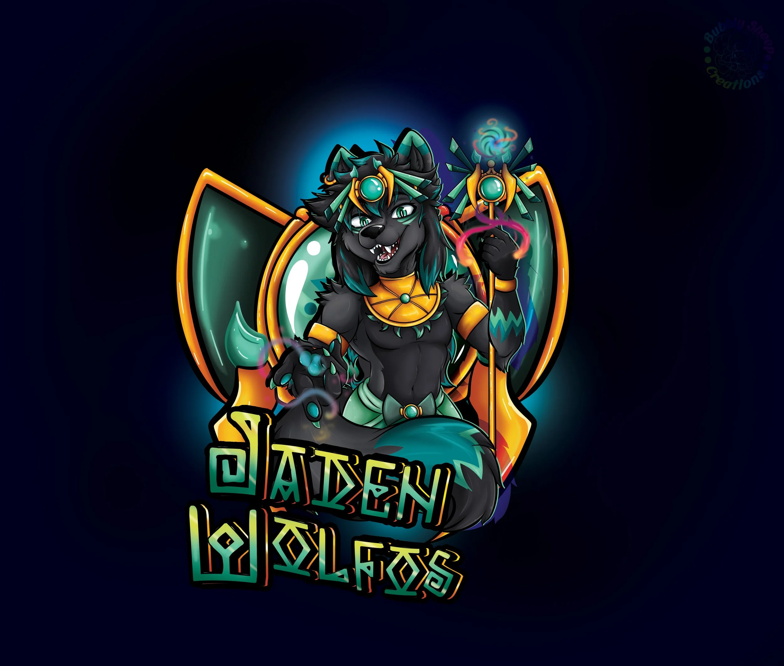 A digital illustration of a humanoid wolf character dressed in fantasy-style armor with glowing embellishments, holding a staff emitting smoke, set against a dark background with colorful, glowing text that reads 'DADEN WOLFOS'.