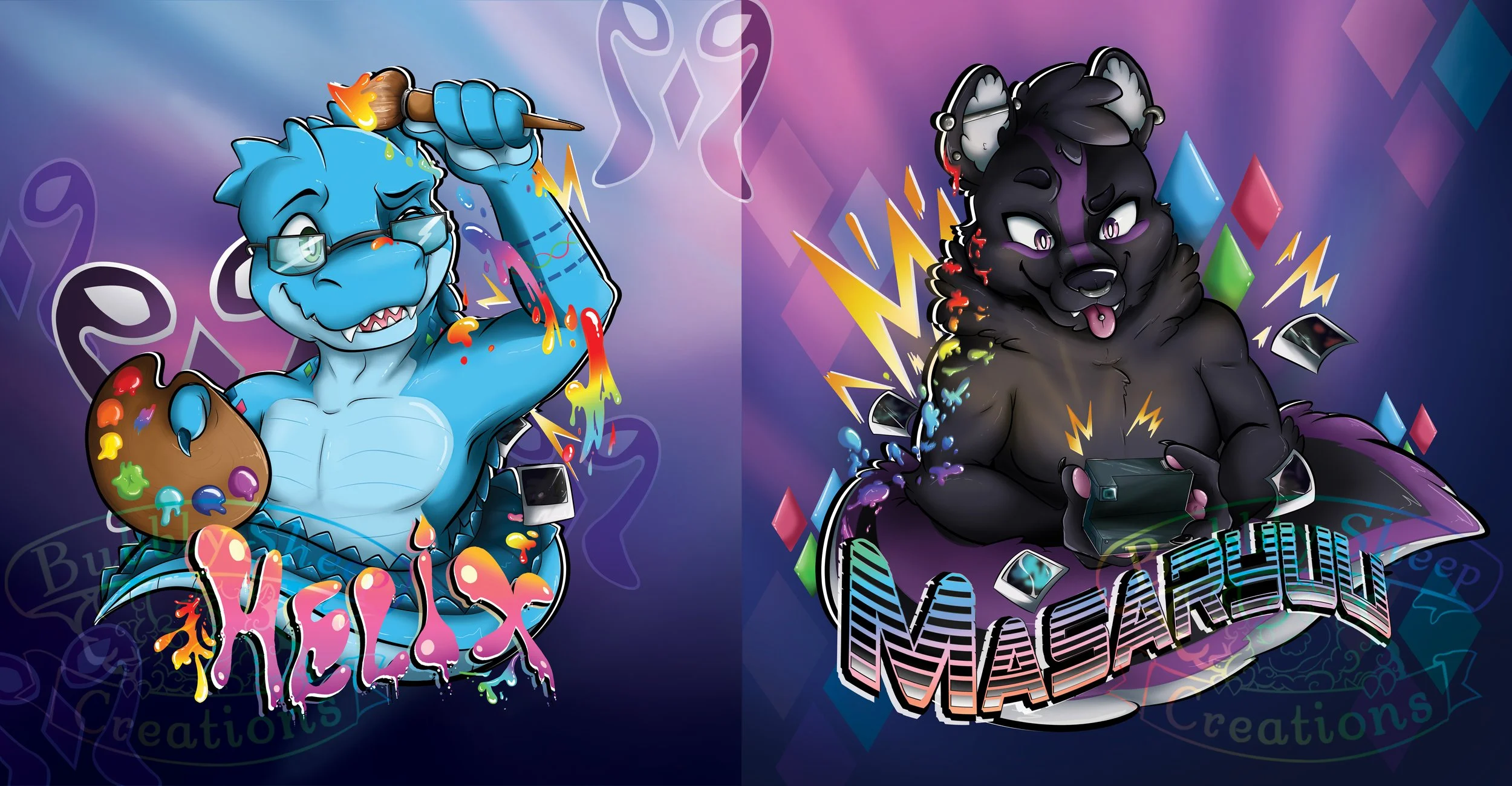 Digital illustration of two anthropomorphic characters, a blue dragon holding a paintbrush with paint dripping and a paint palette, and a black wolf with purple highlights playing video games, surrounded by colorful geometric shapes and lightning bol