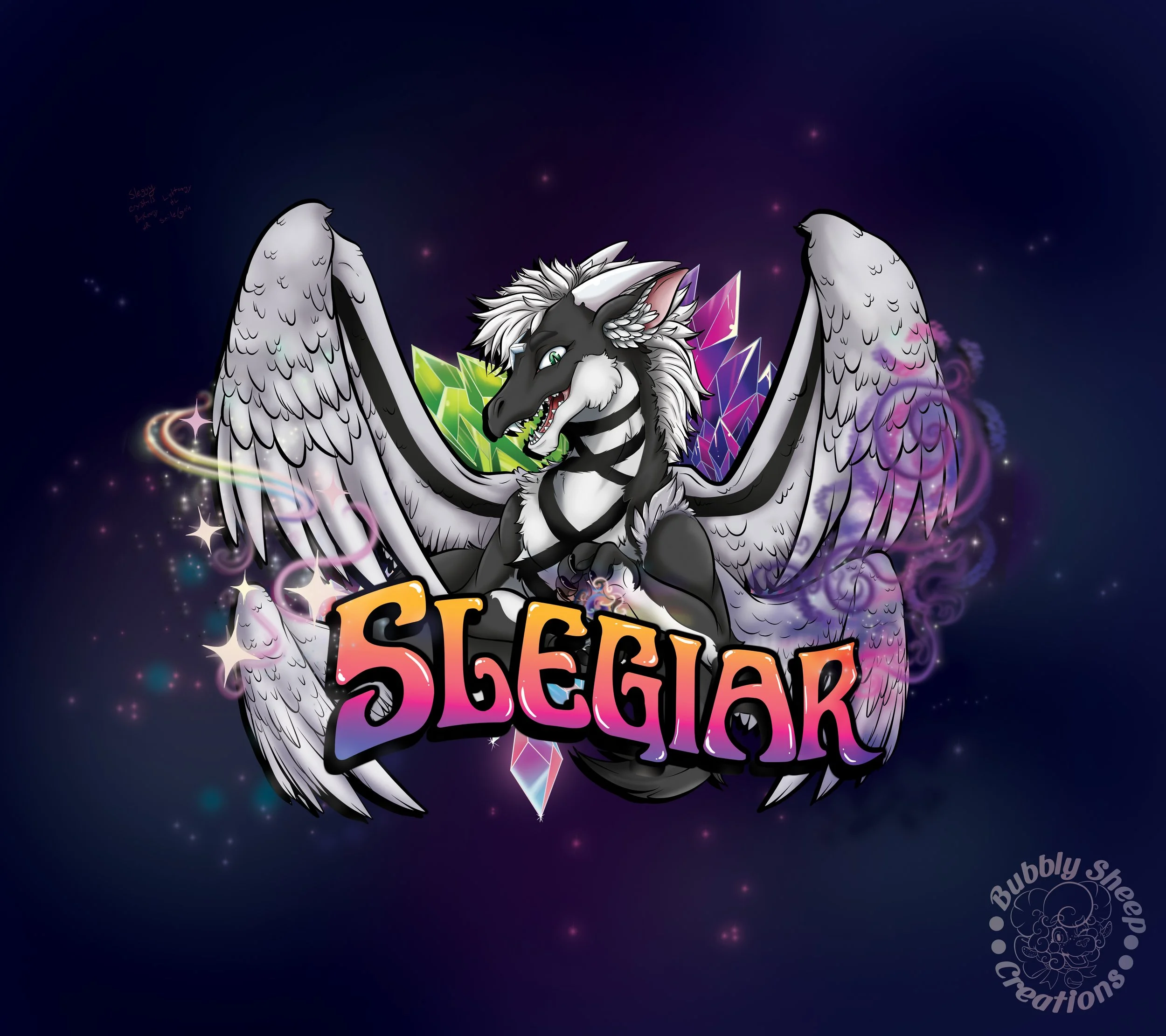 Illustration of an anthropomorphic dragon with black and white fur, large wings, and vibrant green eyes, surrounded by colorful crystals and smoke, with the word 'SLEGIAR' in stylized rainbow letters at the bottom.