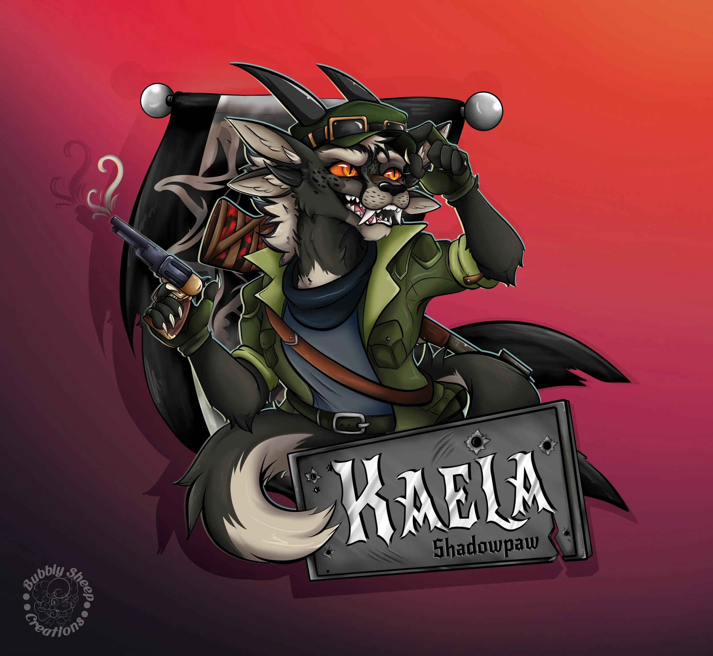 An anthropomorphic fox dressed as a soldier, holding a gun and wearing a military jacket, sunglasses, and a military hat with goggles. The fox is sitting on a throne-like chair with a large black flag in the background. There is a sign in front of th