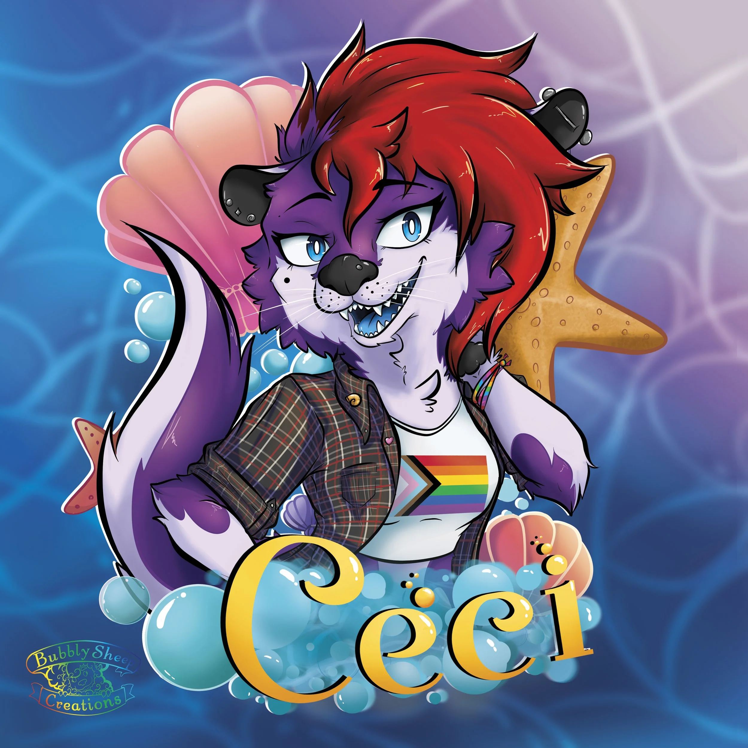 A colorful anthropomorphic purple lion character with red hair, wearing a plaid shirt over a rainbow-striped t-shirt, surrounded by sea-themed elements like starfish, shells, and bubbles, with the word 'Ceil' at the bottom.