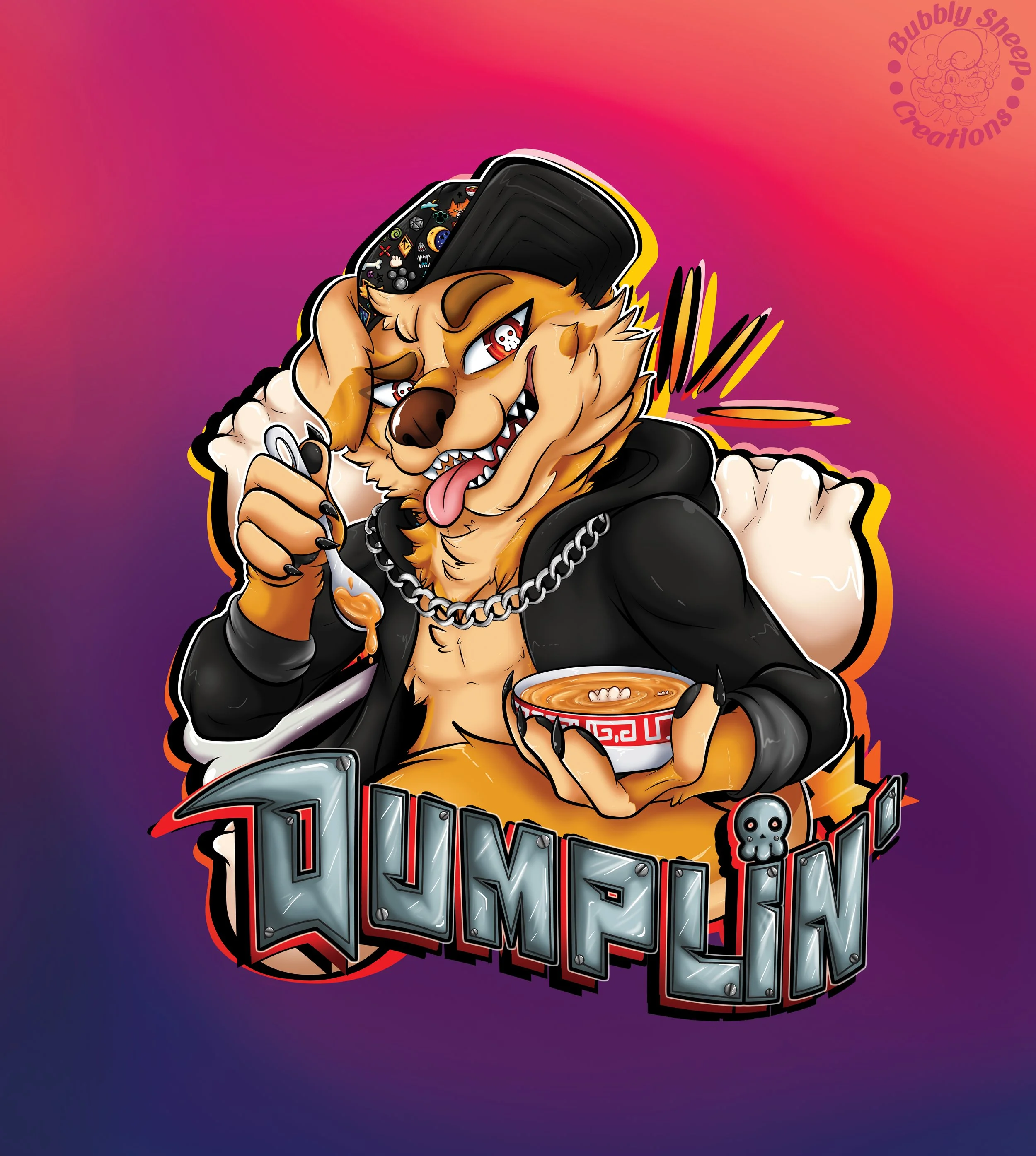 An anthropomorphic dog character wearing a black hoodie and a chain necklace, holding a bowl of ramen in one hand and a spoon in the other, with a playful expression sticking out its tongue. The background is a colorful gradient with the word 'WUMON'