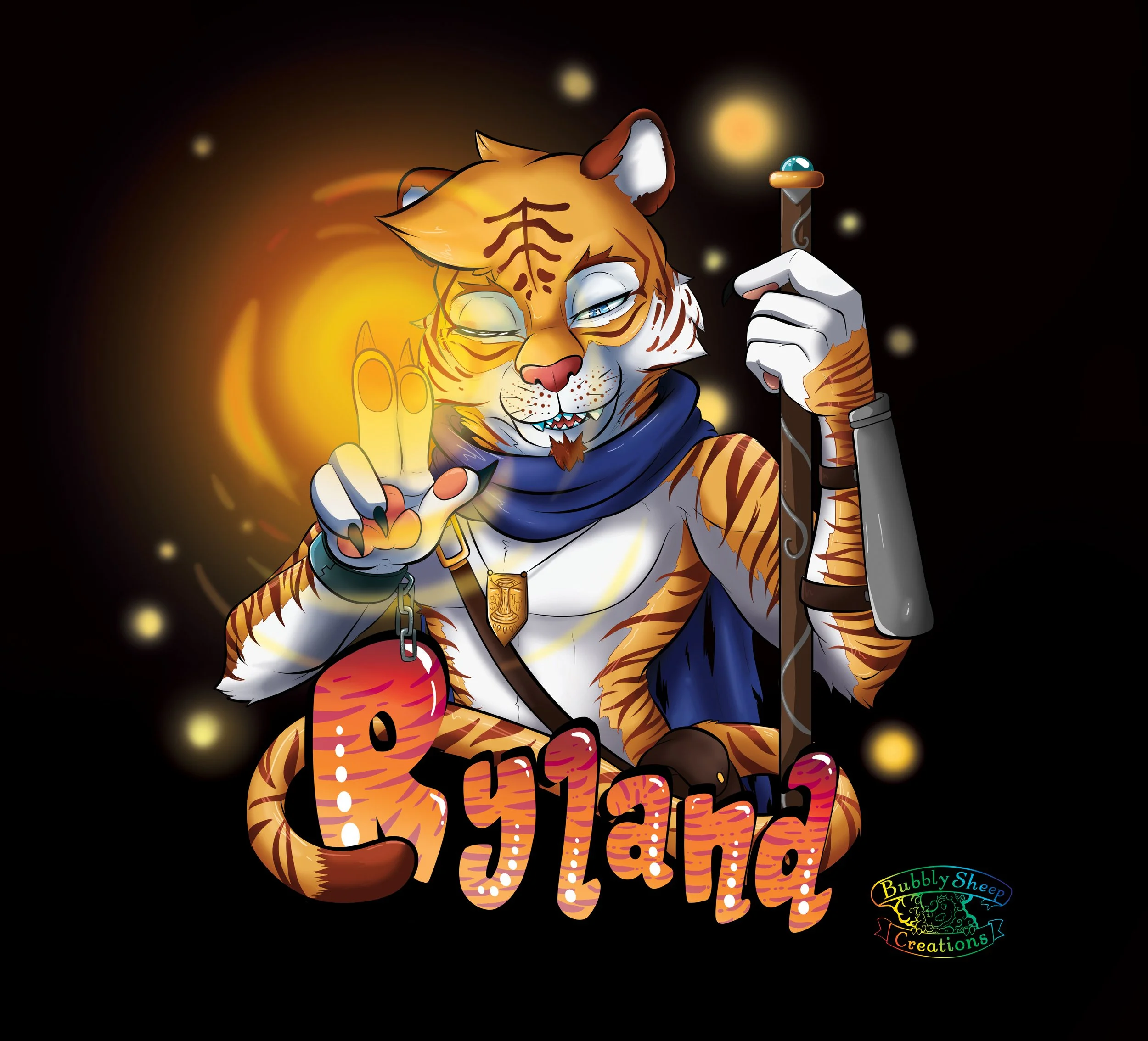 Cartoon tiger witch with glowing orange background, holding a staff and making a peace sign, with the word 'Ollama' in stylized text and a small logo reading 'Bubbly Sheep Creations'.