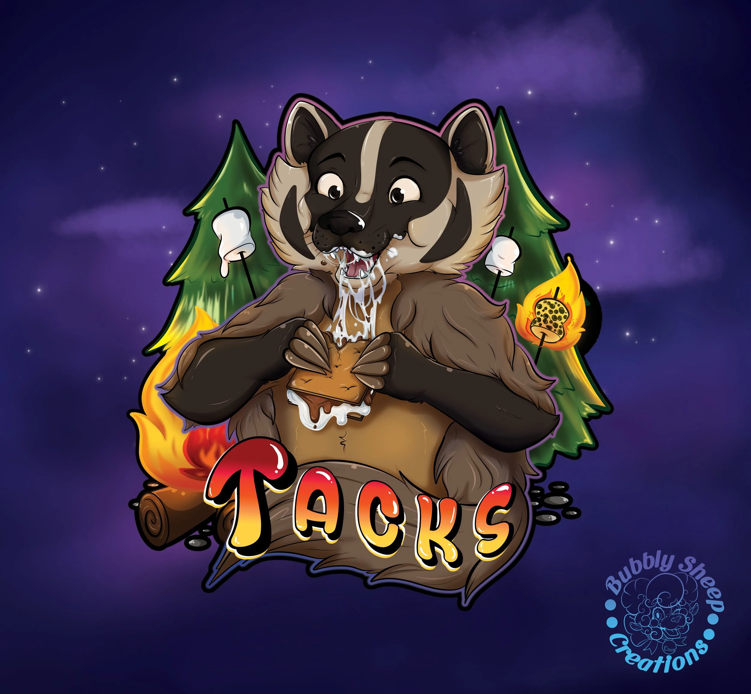 Cartoon depiction of a wolf holding a s'more, with a background of trees, fire, marshmallows on sticks, and a night sky with stars, featuring the words 'TACKS' in bold letters.