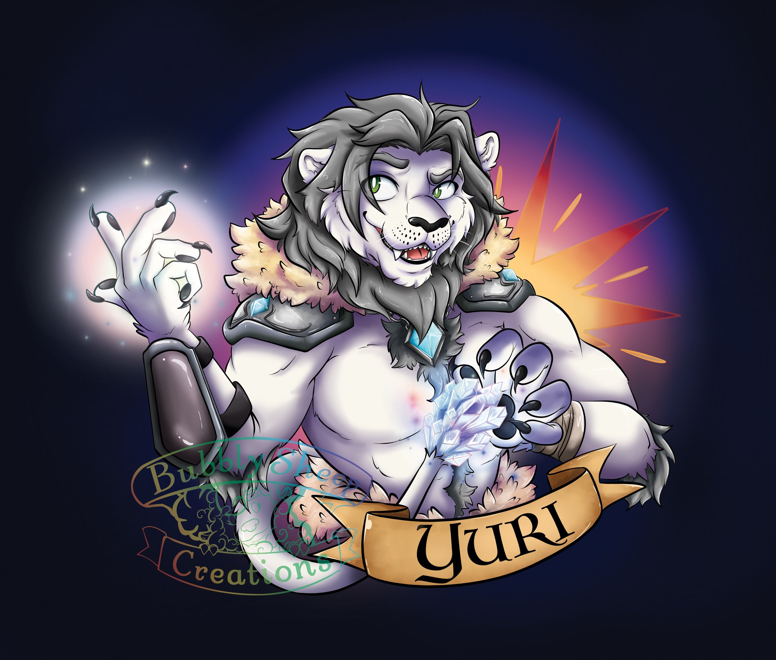 A graphic illustration of a humanoid lion with a mane, green eyes, sharp teeth, and black claws. The lion has a muscular build, wears futuristic armor with blue accents and fluffy fur trim, and is holding glowing crystals. There are colorful energy o