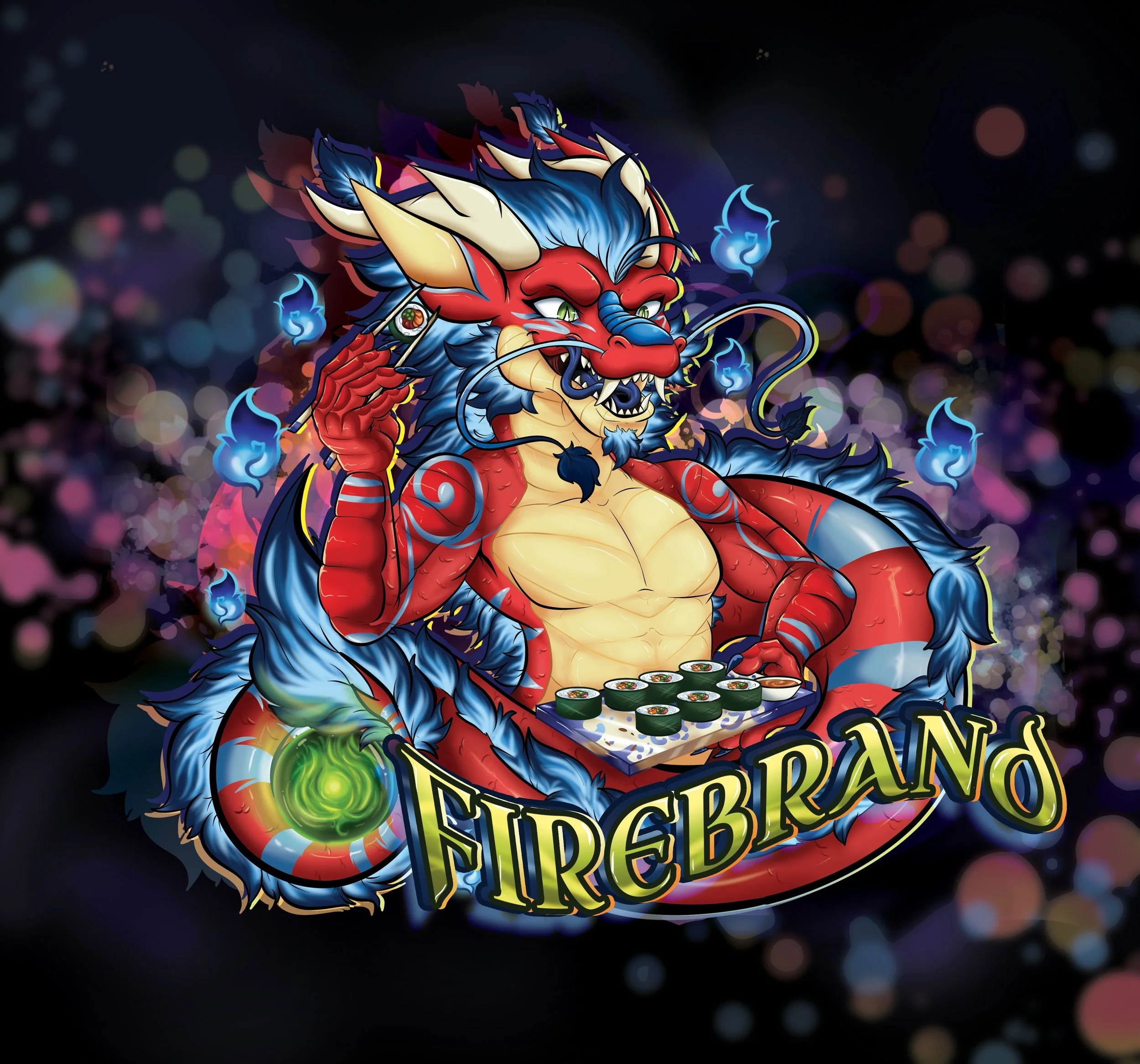A colorful illustrated dragon with red, blue, and cream scales holding a phone to its ear and a tray of sushi, with the word 'FIREBRAND' in bold yellow-green text at the bottom.