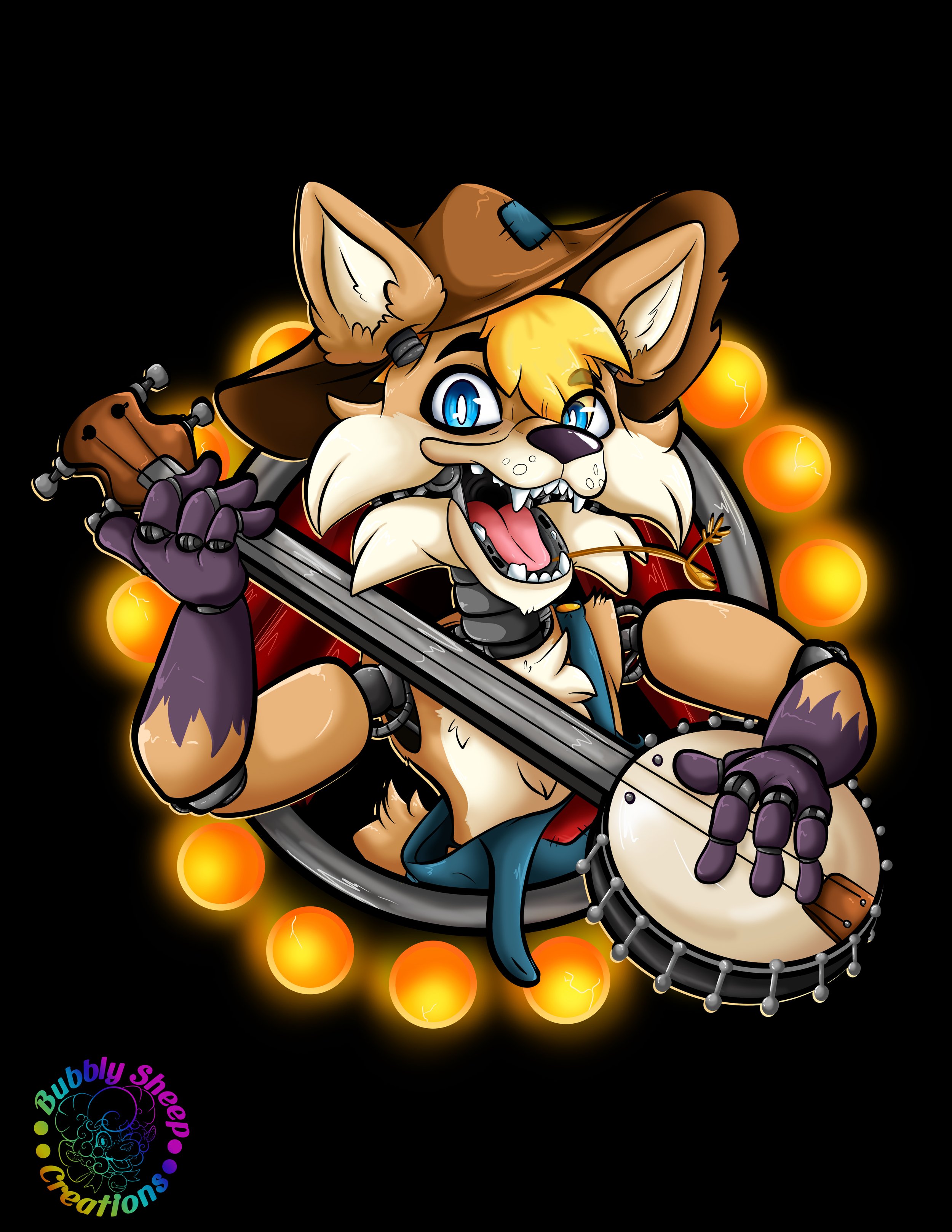 An animated anthropomorphic fox dressed as a rock musician, wearing a cowboy hat, holding a guitar, and surrounded by glowing orange lights.