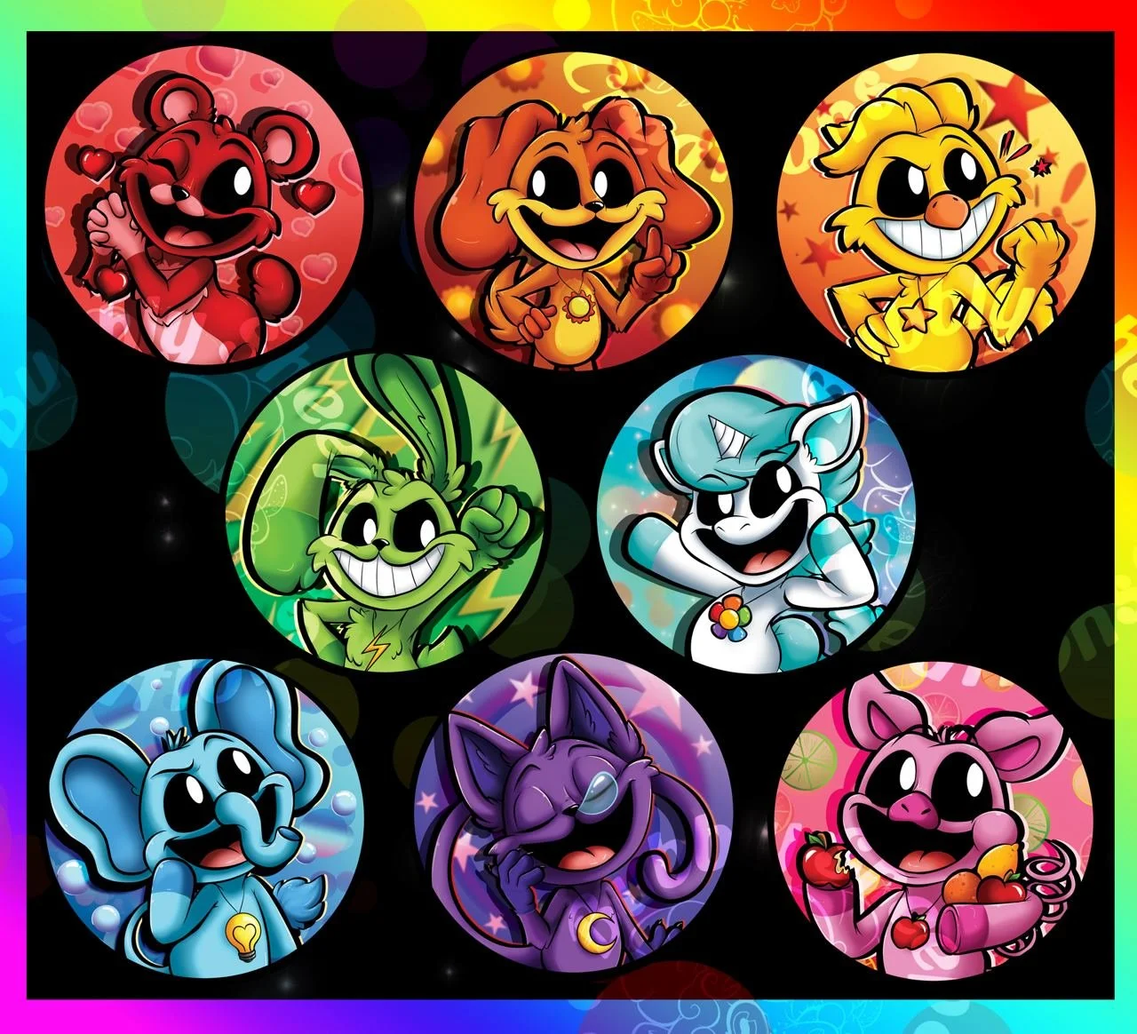 Colorful digital illustrations of cute, cartoon-style animals, each representing a different mood or personality. The animals include a red bear with hearts, a brown dog, a yellow cat, a green rabbit, a blue fox, a purple cat, and a pink pig, set aga