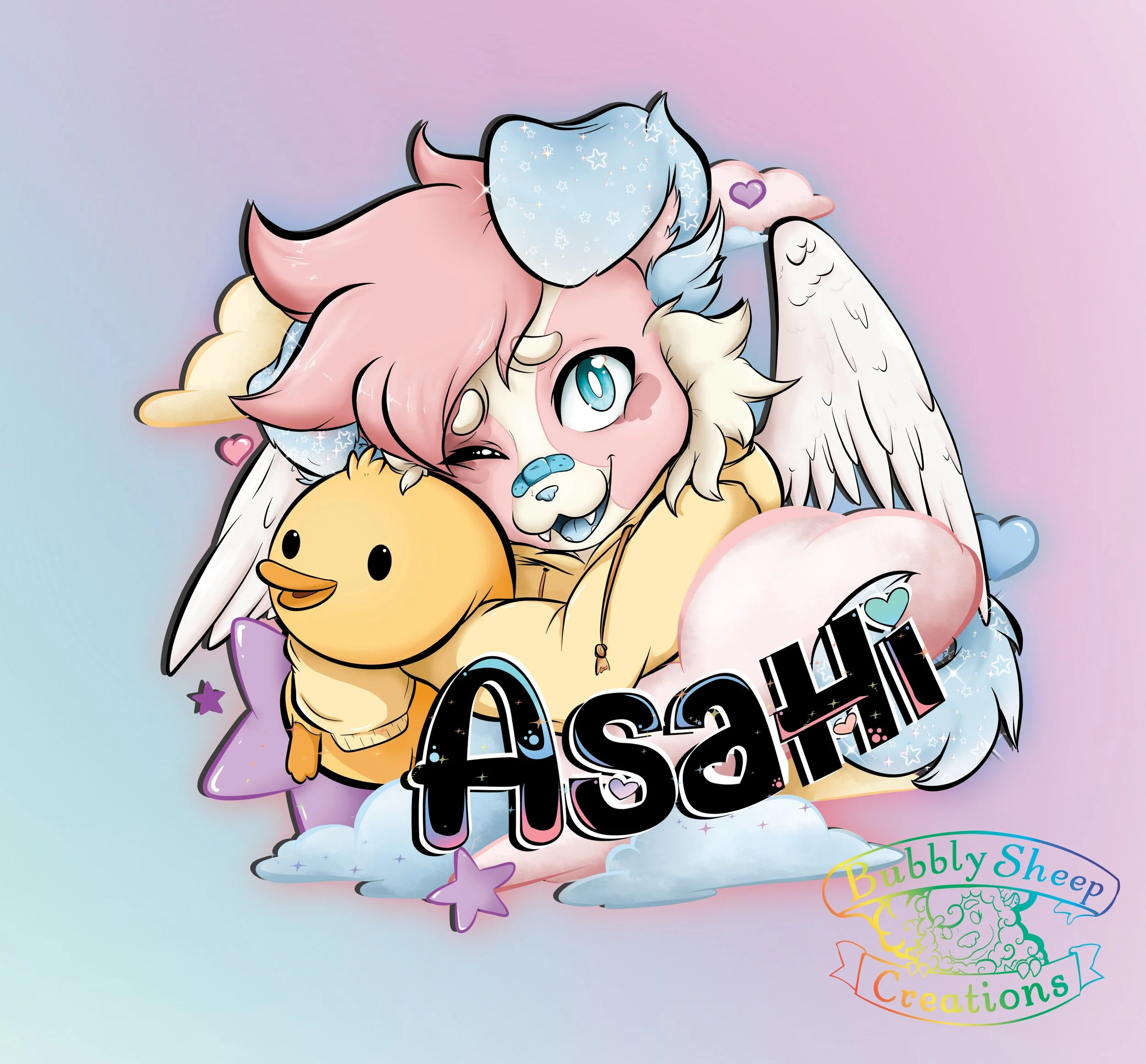 An animated character with pink and blue hair, white wings, and a cute face, holding a yellow duck plush toy. The background features pastel colors with clouds, stars, and hearts. The character's name, 'Asahi,' is written in bold black letters.