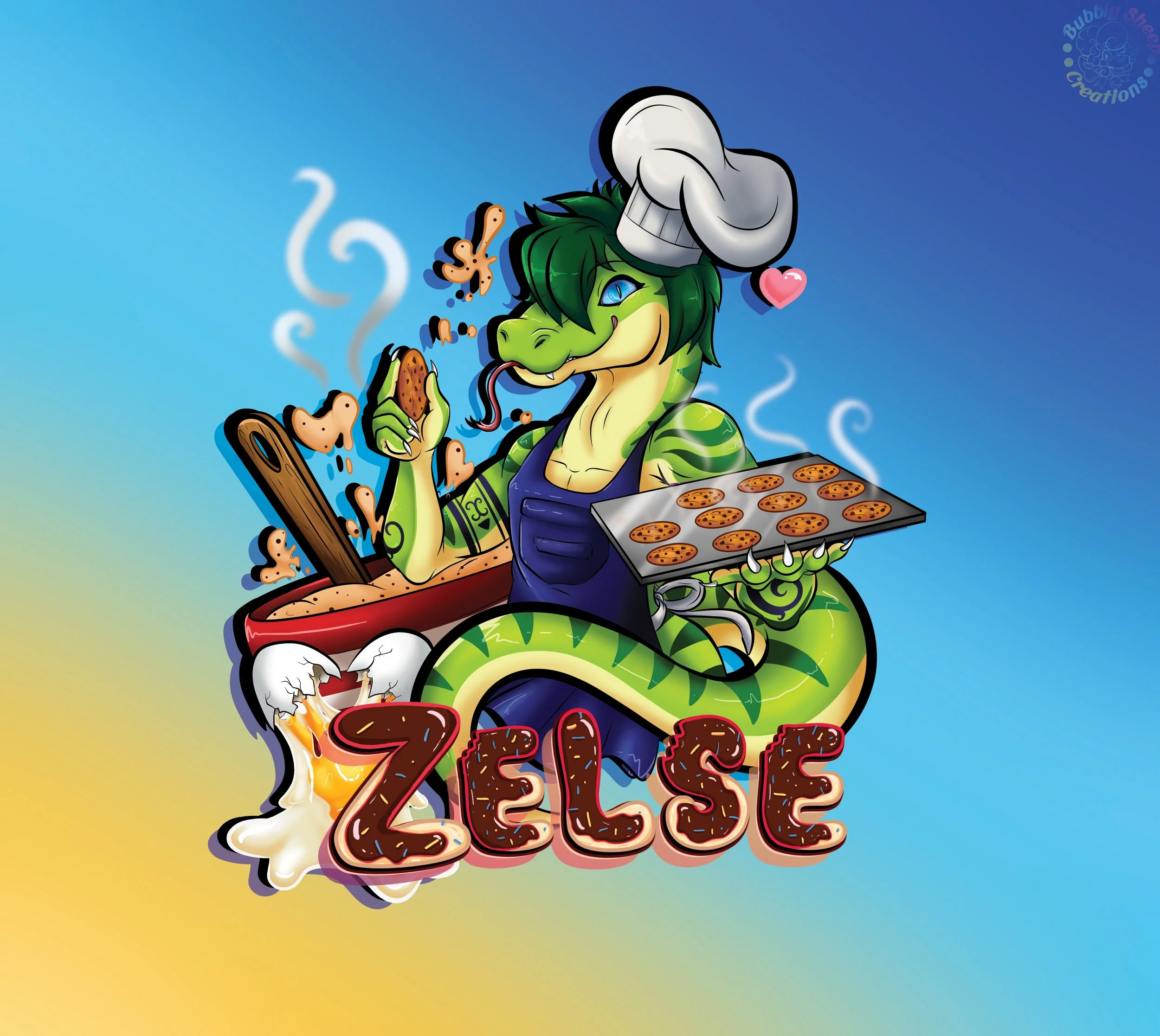 An anthropomorphic green dragon with black and green hair, wearing a chef's hat and apron, cooking cookies in a pan while holding a cookie tray, with the word 'ZELSE' spelled out in cookie letters.