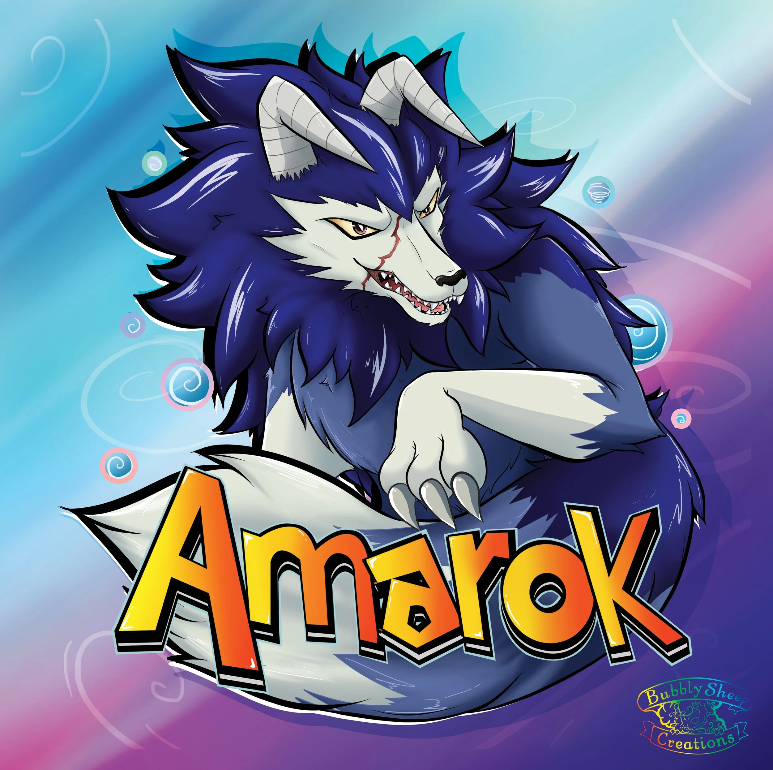 A digital illustration of a fierce, anthropomorphic wolf with blue and white fur, sharp claws, and menacing eyes, with the name "Amarok" in bold, colorful letters at the bottom right corner, and a soft, colorful gradient background with swirling patt